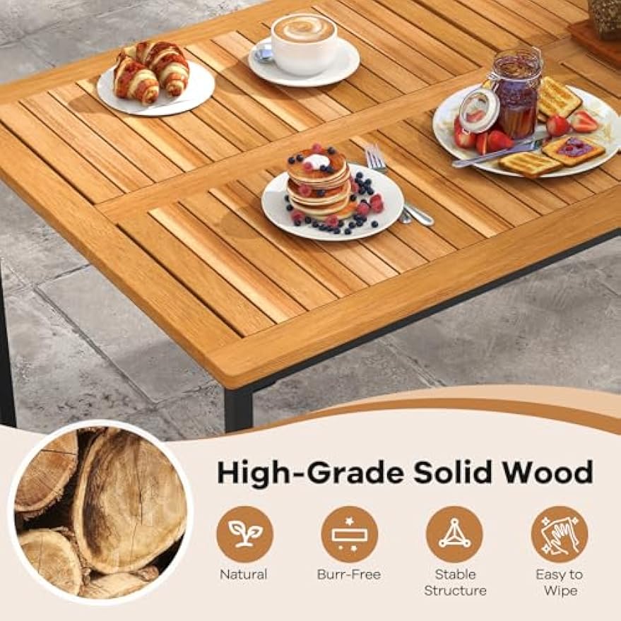 Tangkula 7 Piece Outdoor Dining Set for 6, Acacia Wood Rectangular Dining Table & 6 Armless Chairs w/Metal Frame, Umbrella Hole, Farmhouse Dining Furniture Set for Garden Porch Poolside