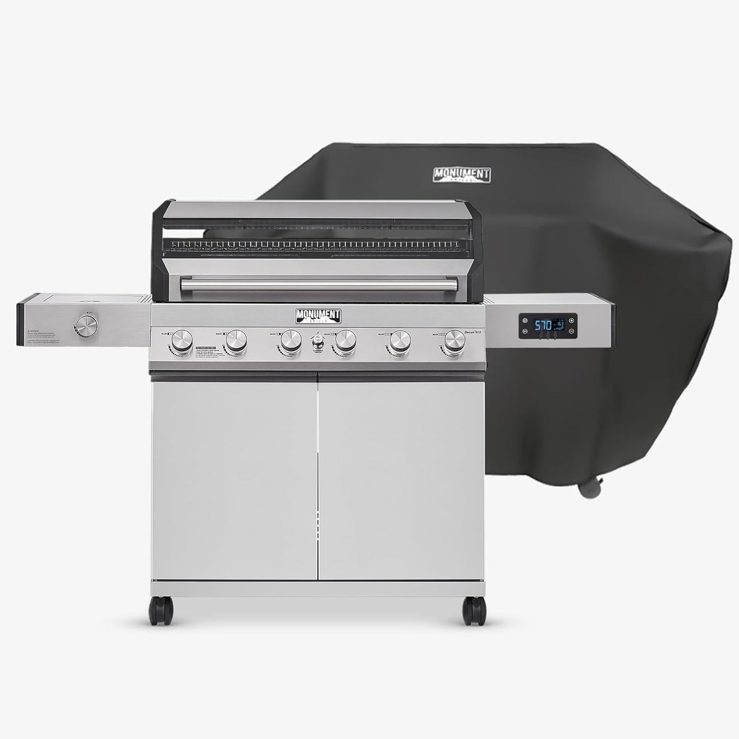Monument Grills Denali D405 4-Burner Liquid Propane Gas Smart BBQ Grill Stainless Steel with Barbecue Tool Set - Spatula & Tongs (2 items)