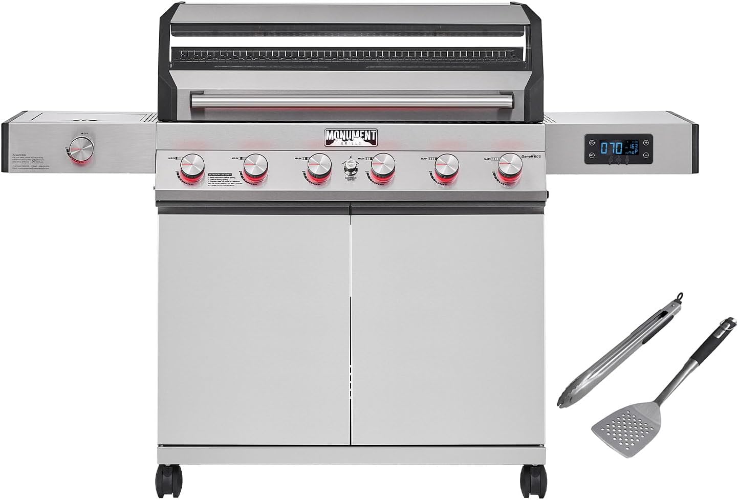 Monument Grills Denali D405 4-Burner Liquid Propane Gas Smart BBQ Grill Stainless Steel with Barbecue Tool Set - Spatula & Tongs (2 items)