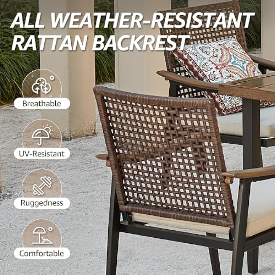 NATURAL EXPRESSIONS 7 Piece Patio Dining Set for 6 Outdoor Furniture Set, Rattan Wicker Chairs with Cushions and 65” Large Dining Table with 1.65'' Umbrella Hole for Patio, Garden, Porch, Pool, Beige