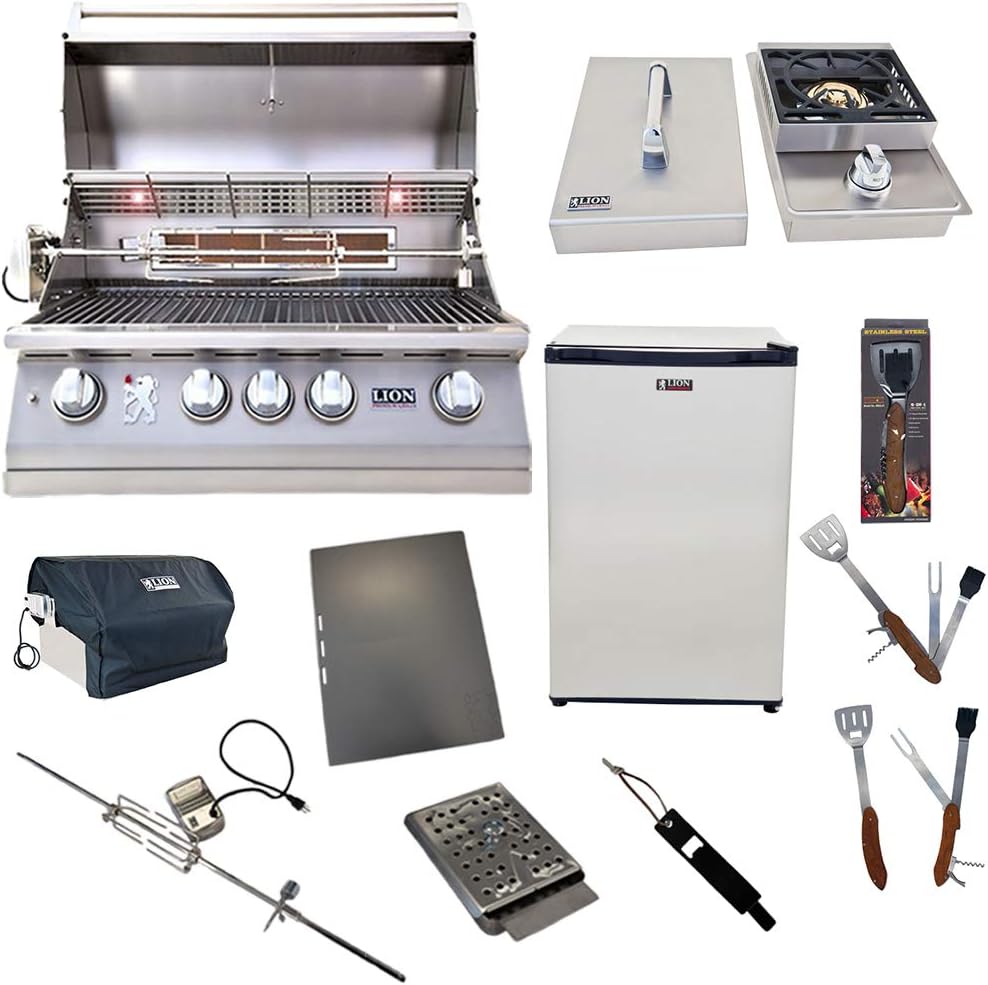Lion Premium Grills 32-Inch Liquid Propane Grill L75000 with Lion Single Side Burner and Eco Friendly Lion Refrigerator with 5 in 1 BBQ Tool Set Best of Backyard Gourmet Package Deal