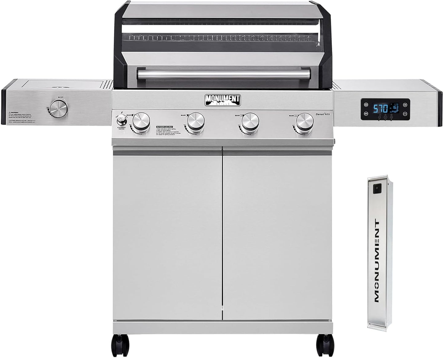 Monument Grills Denali D405 4-Burner Liquid Propane Gas Smart BBQ Grill Stainless Steel with Barbecue Tool Set - Spatula & Tongs (2 items)