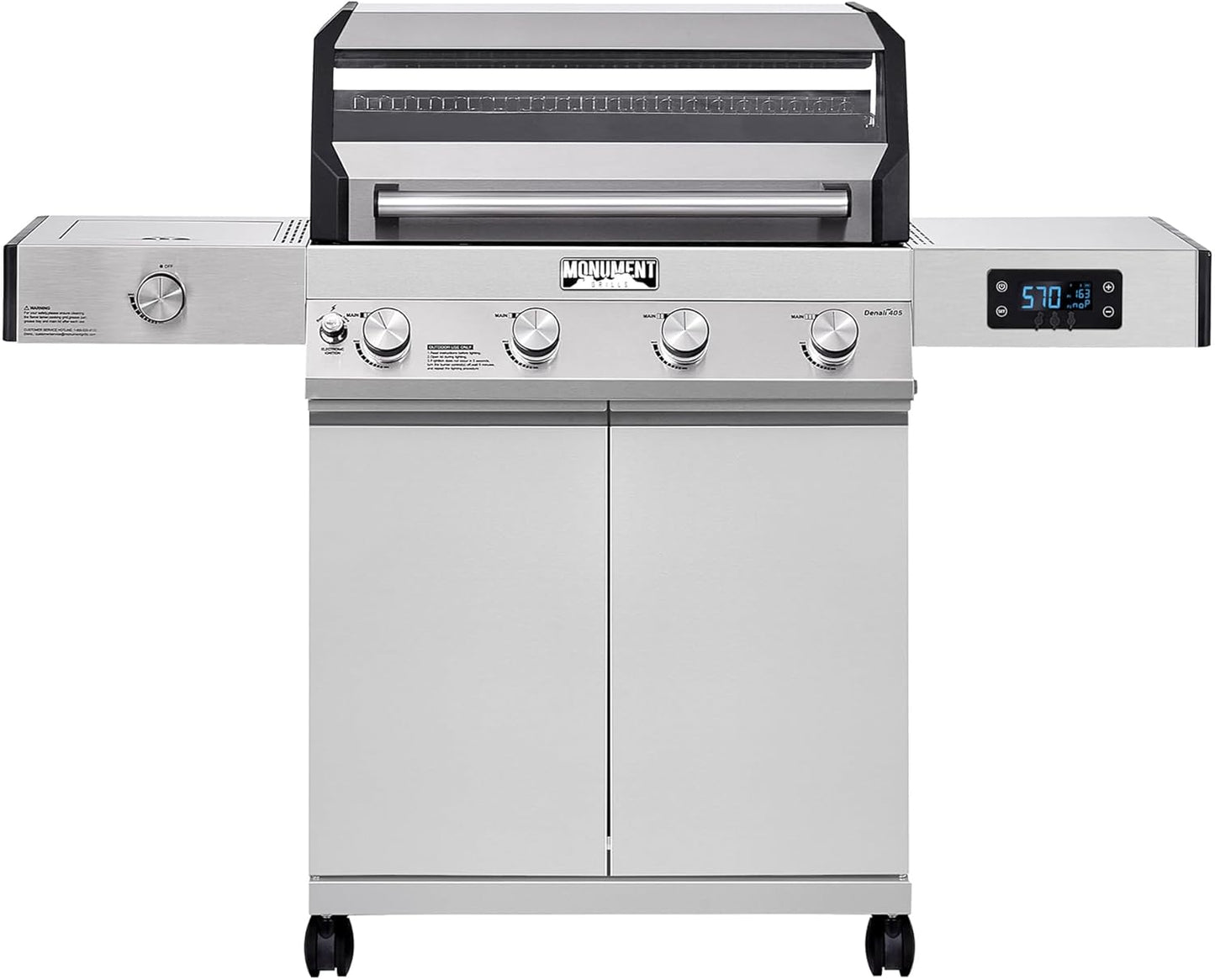 Monument Grills Denali D405 4-Burner Liquid Propane Gas Smart BBQ Grill Stainless Steel with Barbecue Tool Set - Spatula & Tongs (2 items)