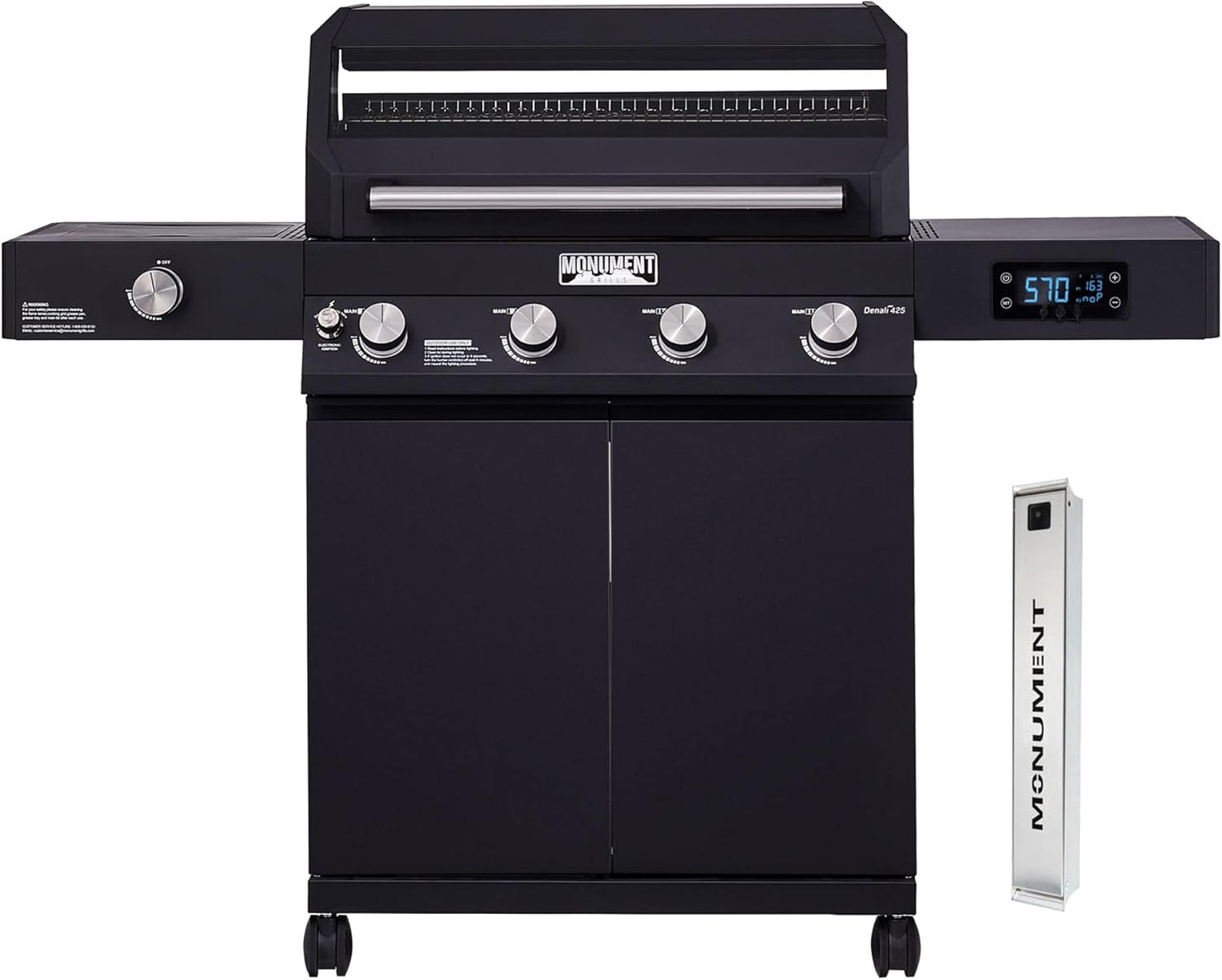 Monument Grills Denali D405 4-Burner Liquid Propane Gas Smart BBQ Grill Stainless Steel with Barbecue Tool Set - Spatula & Tongs (2 items)