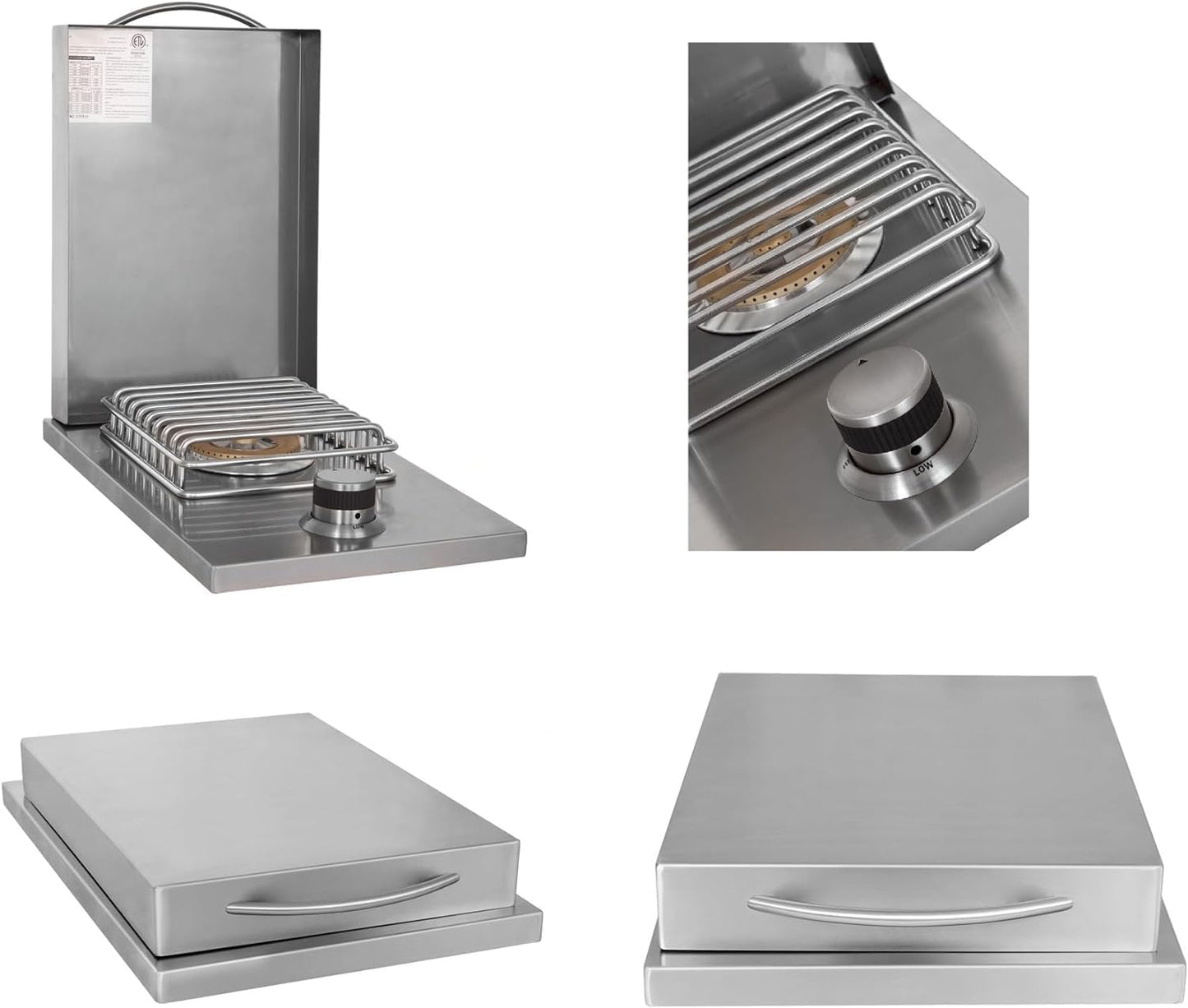 BLAZE BBQ Outdoor Package of 32” LTE Built-in Gas Grill, Gas Dop-In Single Side Burner, 32” Door & Two Drawers Combo, 18” Roll Out Propane Tank/Trash Storage Drawer, 24” Refrigerator, and Accessories