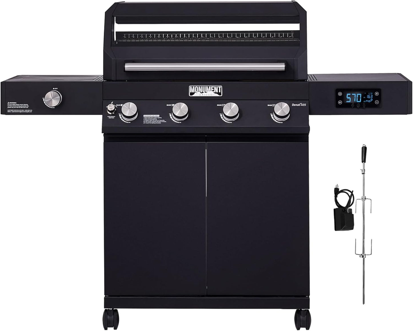 Monument Grills Denali D405 4-Burner Liquid Propane Gas Smart BBQ Grill Stainless Steel with Barbecue Tool Set - Spatula & Tongs (2 items)