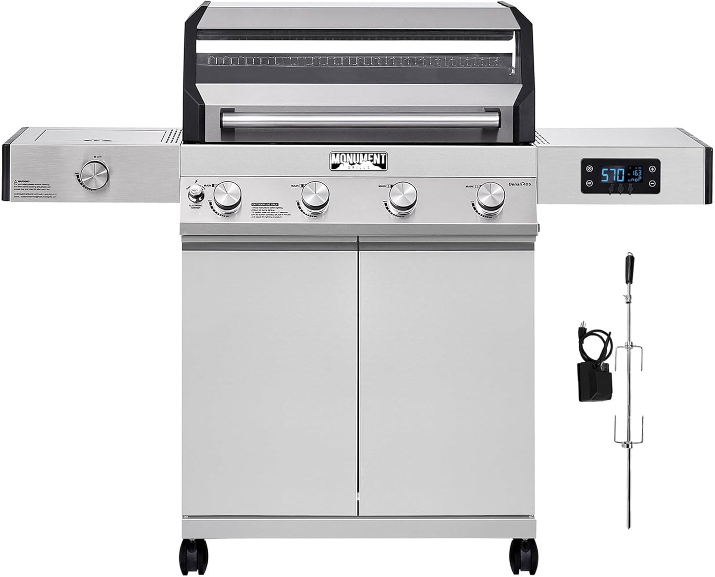 Monument Grills Denali D405 4-Burner Liquid Propane Gas Smart BBQ Grill Stainless Steel with Barbecue Tool Set - Spatula & Tongs (2 items)