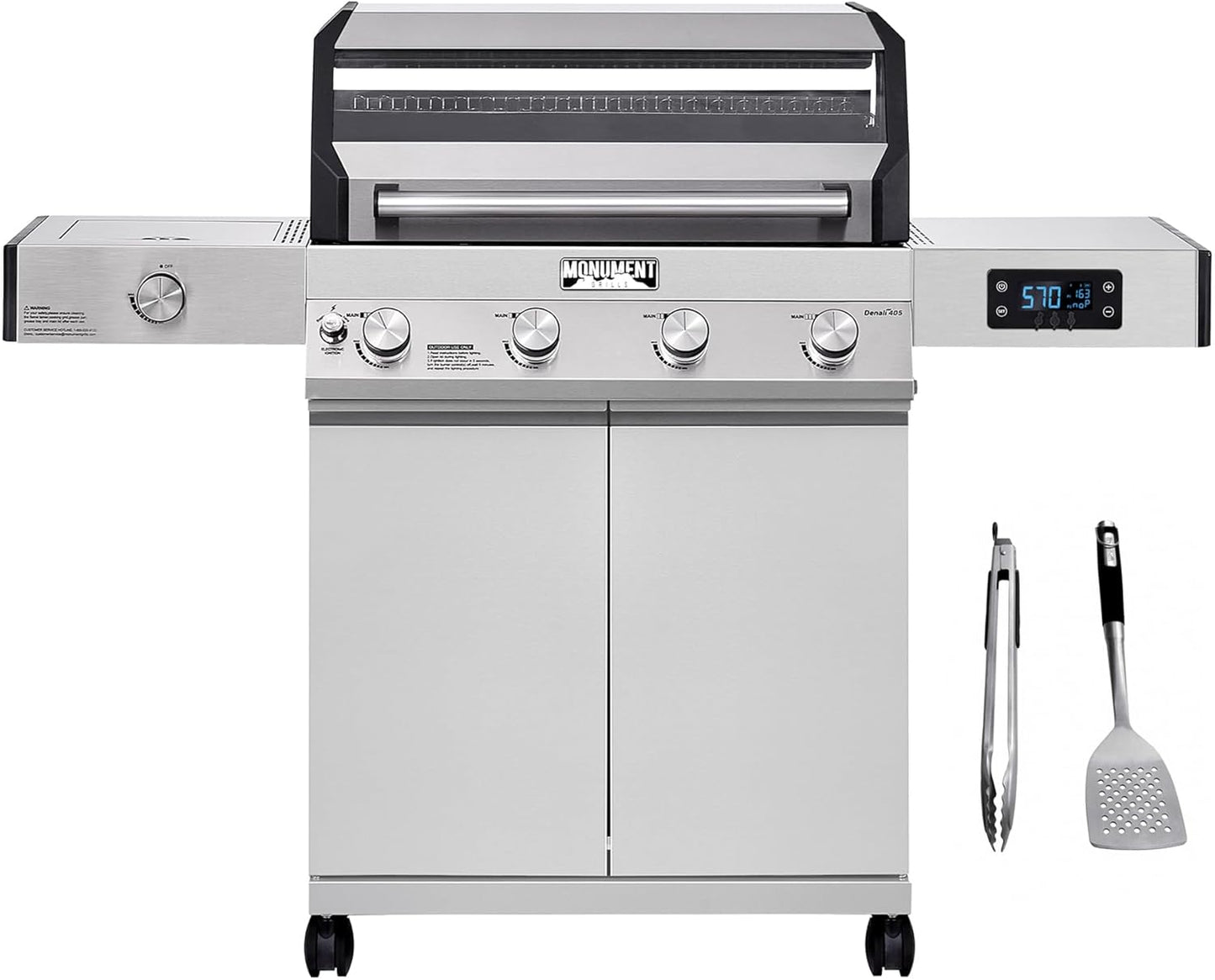 Monument Grills Denali D405 4-Burner Liquid Propane Gas Smart BBQ Grill Stainless Steel with Barbecue Tool Set - Spatula & Tongs (2 items)