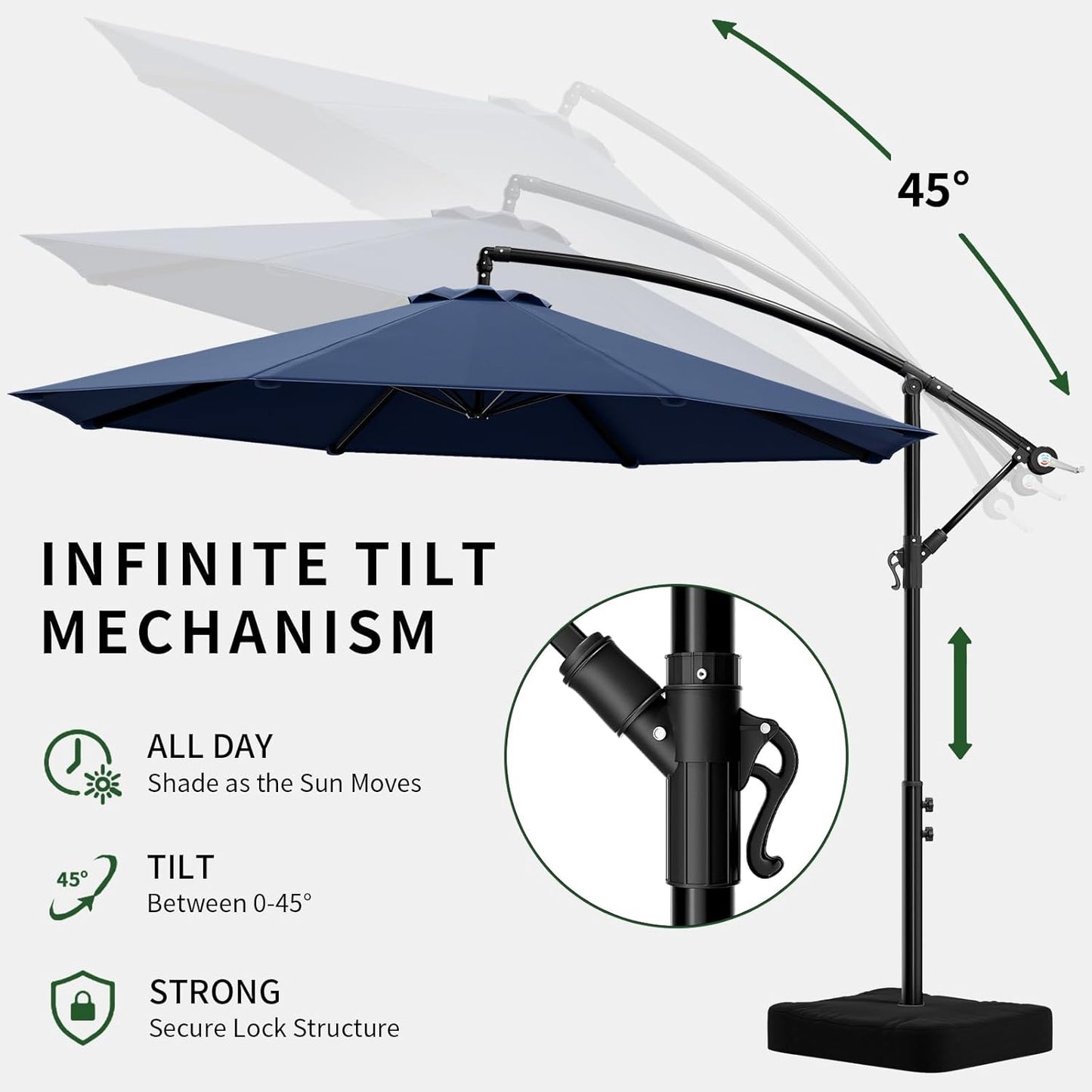 10ft Patio Umbrella with Base Included, Outdoor Offset Cantilever Umbrella w/Upgraded Yarn-dyed Fabric Shade, Sturdy 8 Rids, Easy Tilt Adjustment, for Pool Deck Porch Backyard Garden,Navy Blue
