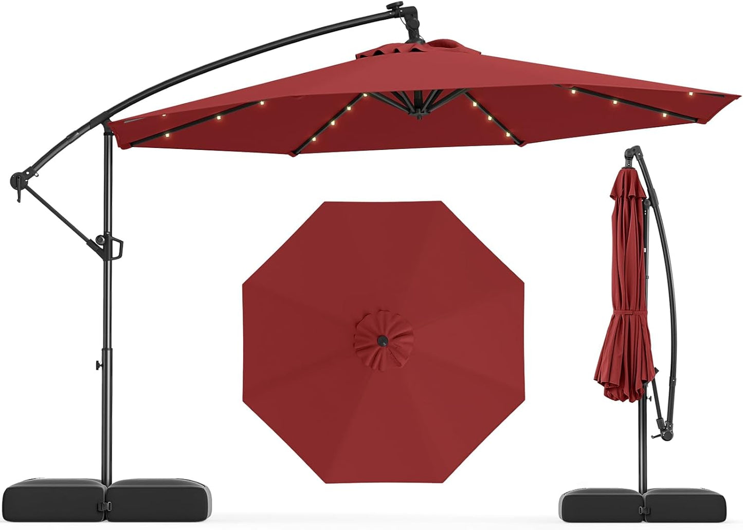 Tangkula 10ft Solar LED Patio Umbrella with Base, Offset Cantilever Outdoor Umbrella with 32 LED Lights, Infinite Tilt, 360 Degree Rotation, Crank Handle for Pool Deck Garden Backyard (Tan)