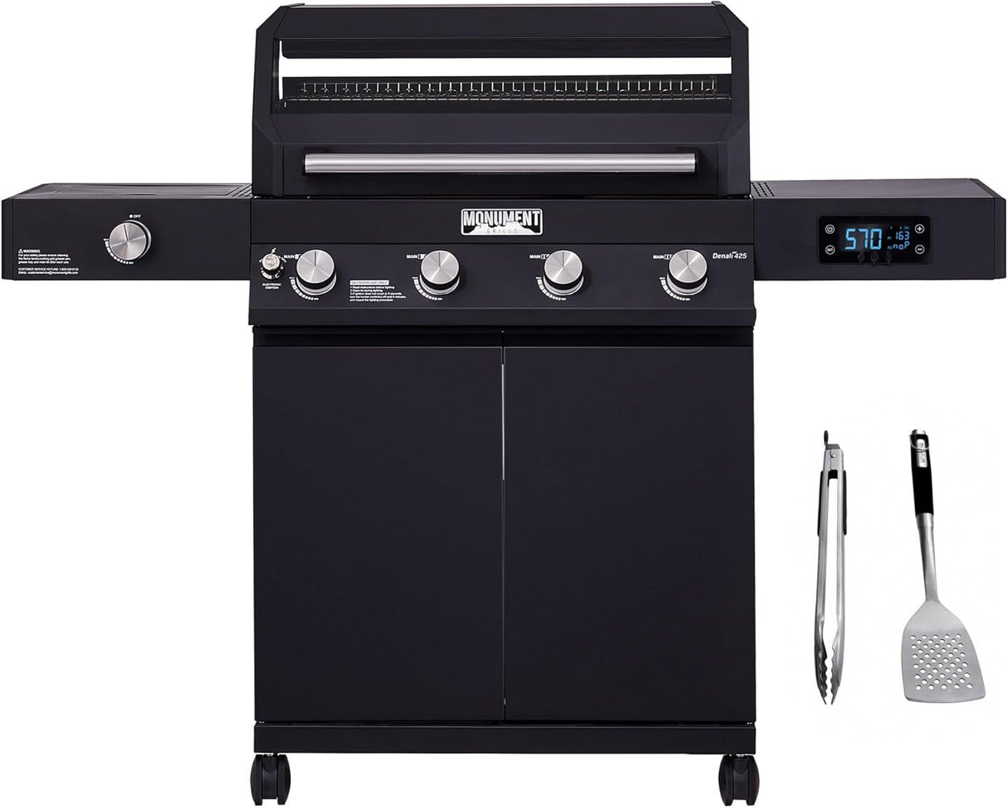 Monument Grills Denali D405 4-Burner Liquid Propane Gas Smart BBQ Grill Stainless Steel with Barbecue Tool Set - Spatula & Tongs (2 items)