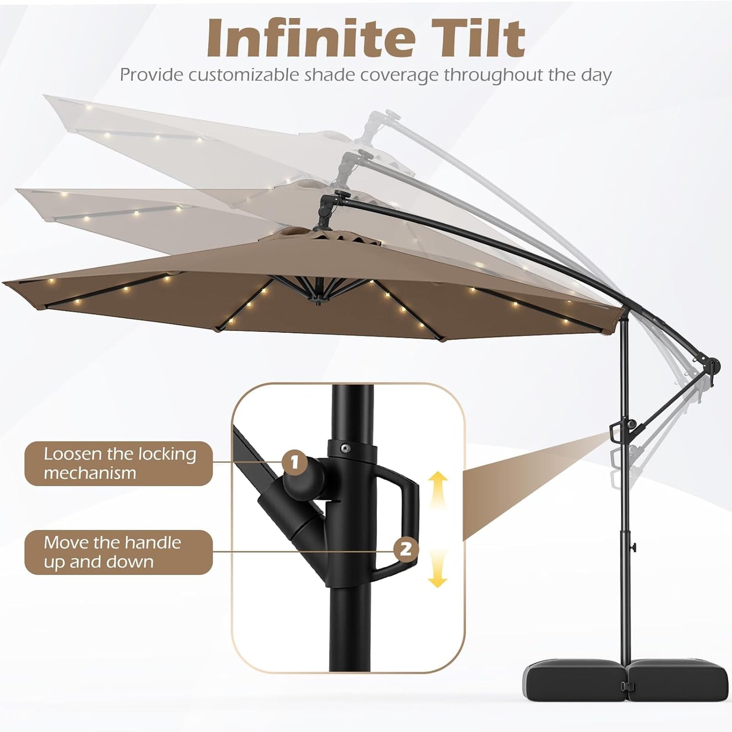 Tangkula 10ft Solar LED Patio Umbrella with Base, Offset Cantilever Outdoor Umbrella with 32 LED Lights, Infinite Tilt, 360 Degree Rotation, Crank Handle for Pool Deck Garden Backyard (Tan)