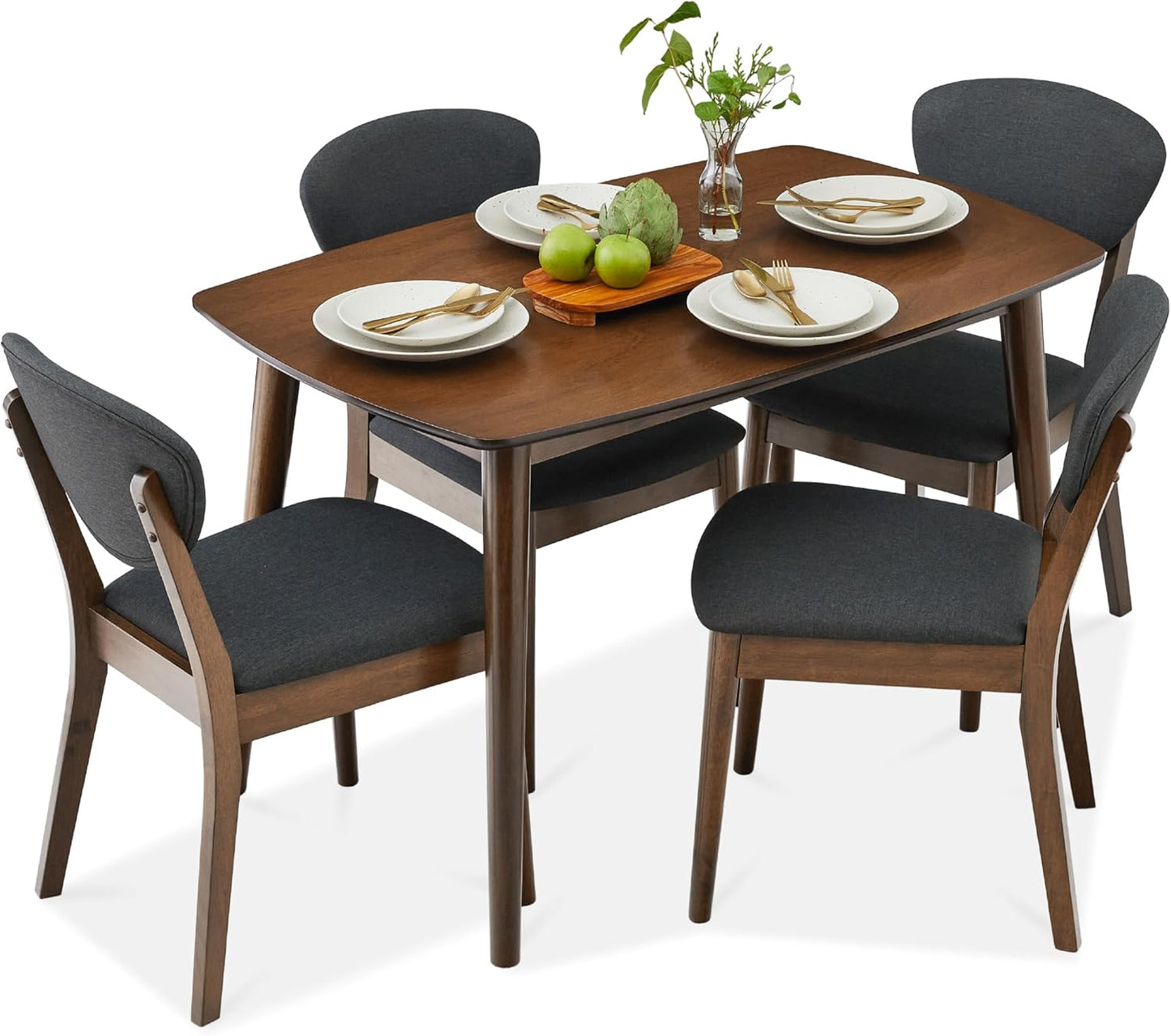 Best Choice Products 5-Piece Dining Set, Compact Mid-Century Modern Table & Chair Set for Home, Apartment w/ 4 Chairs, Padded Seats & Backrests, Wooden Frame - Walnut/Light Gray