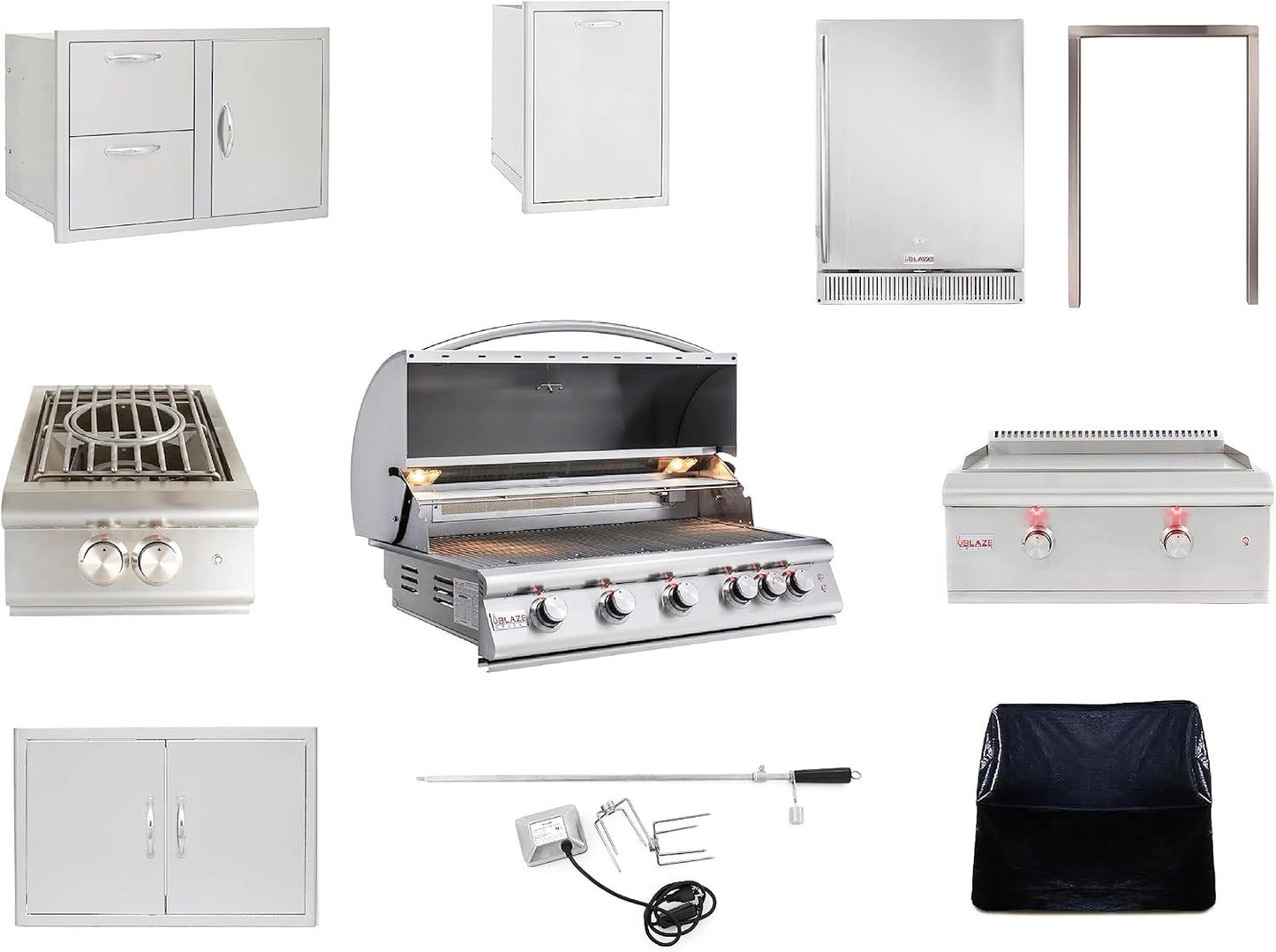 BLAZE BBQ Outdoor Package of 32” LTE Built-in Gas Grill, Gas Dop-In Single Side Burner, 32” Door & Two Drawers Combo, 18” Roll Out Propane Tank/Trash Storage Drawer, 24” Refrigerator, and Accessories
