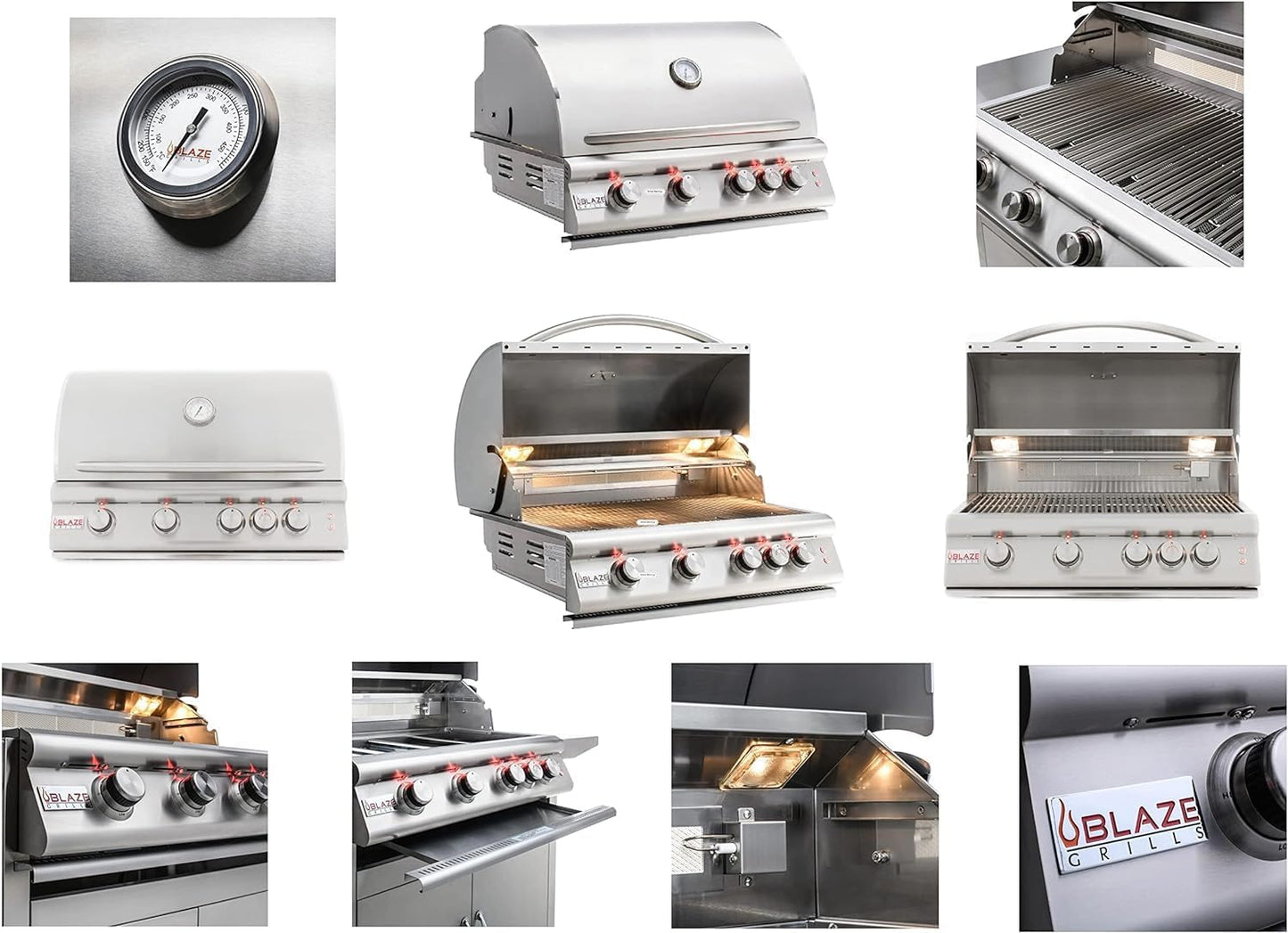 BLAZE BBQ Outdoor Package of 32” LTE Built-in Gas Grill, Gas Dop-In Single Side Burner, 32” Door & Two Drawers Combo, 18” Roll Out Propane Tank/Trash Storage Drawer, 24” Refrigerator, and Accessories