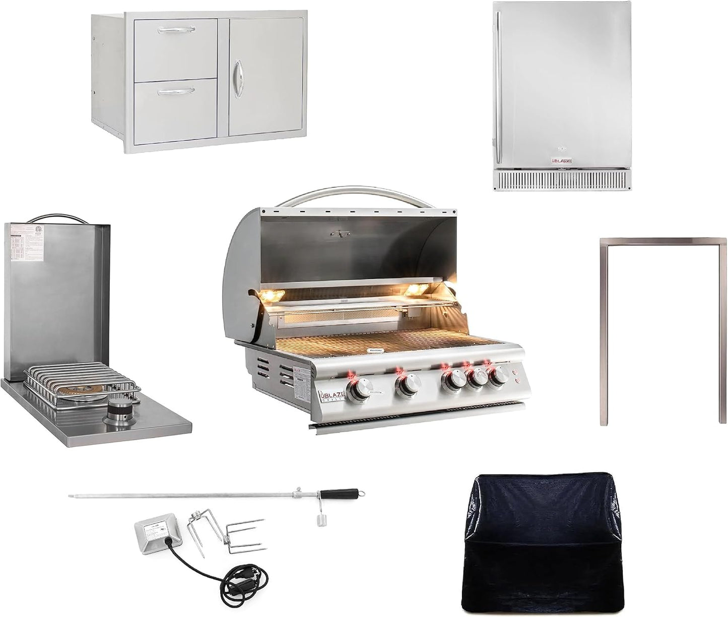 BLAZE BBQ Outdoor Package of 32” LTE Built-in Gas Grill, Gas Dop-In Single Side Burner, 32” Door & Two Drawers Combo, 18” Roll Out Propane Tank/Trash Storage Drawer, 24” Refrigerator, and Accessories