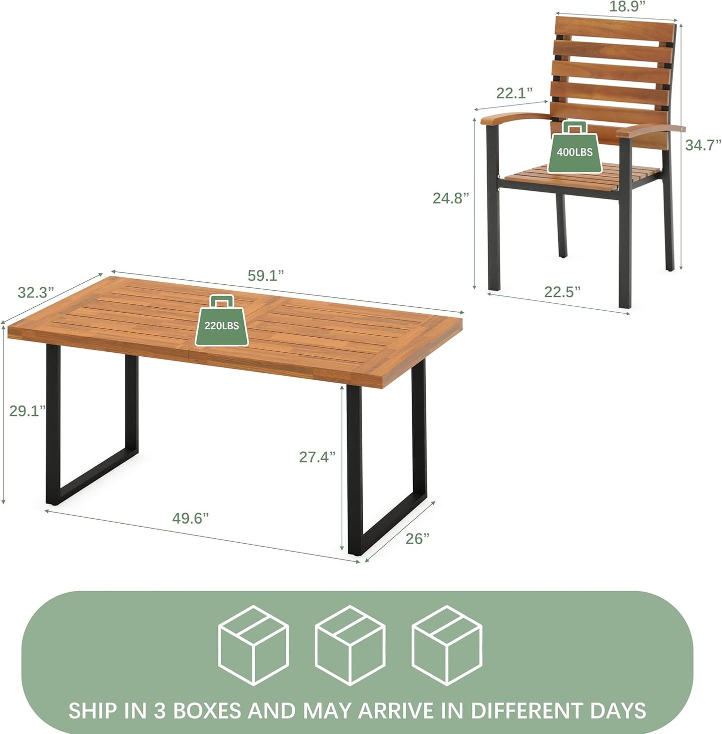WiberWi 7 Piece Outdoor Dining Set for 6, Acacia Wood 59.1" Patio Table and Chairs Set with Metal Frame, Patio Dining Furniture Set for Garden, Balcony, Backyard, Poolside, Brown & Black