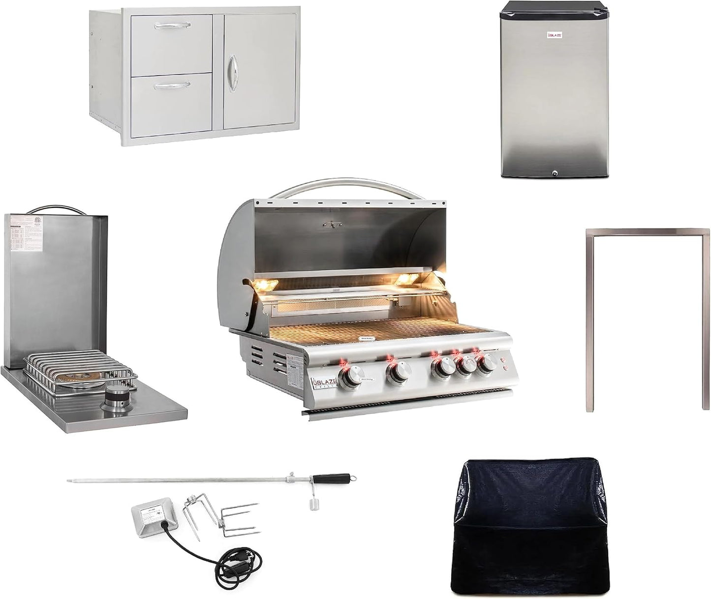 BLAZE BBQ Outdoor Package of 32” LTE Built-in Gas Grill, Gas Dop-In Single Side Burner, 32” Door & Two Drawers Combo, 18” Roll Out Propane Tank/Trash Storage Drawer, 24” Refrigerator, and Accessories