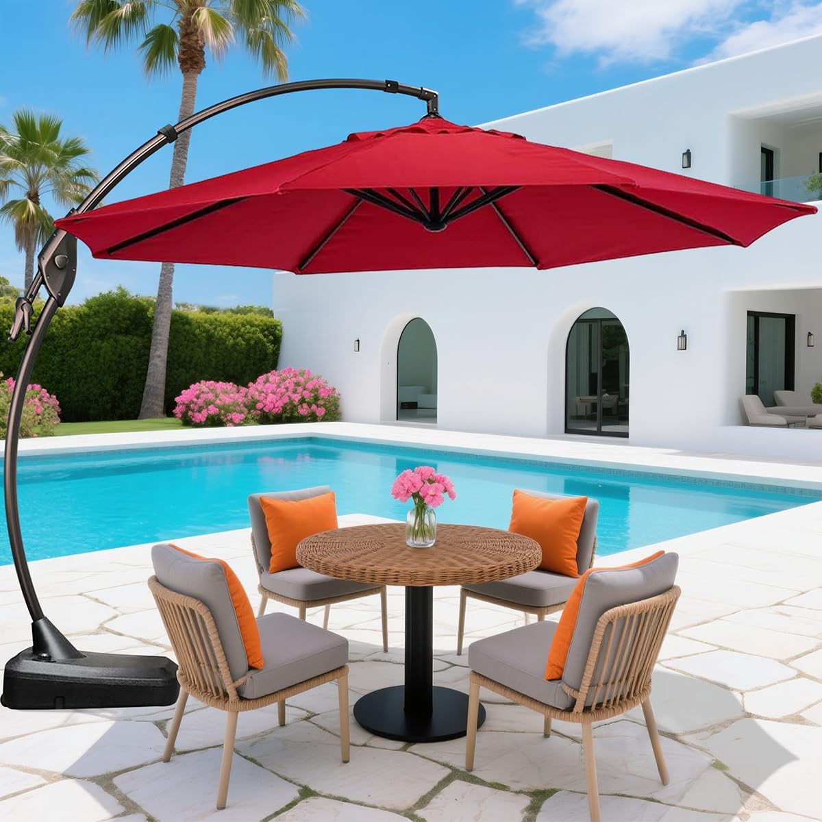 10ft Patio Umbrella with Base Included, Outdoor Offset Cantilever Umbrella w/Upgraded Yarn-dyed Fabric Shade, Sturdy 8 Rids, Easy Tilt Adjustment, for Pool Deck Porch Backyard Garden,Navy Blue