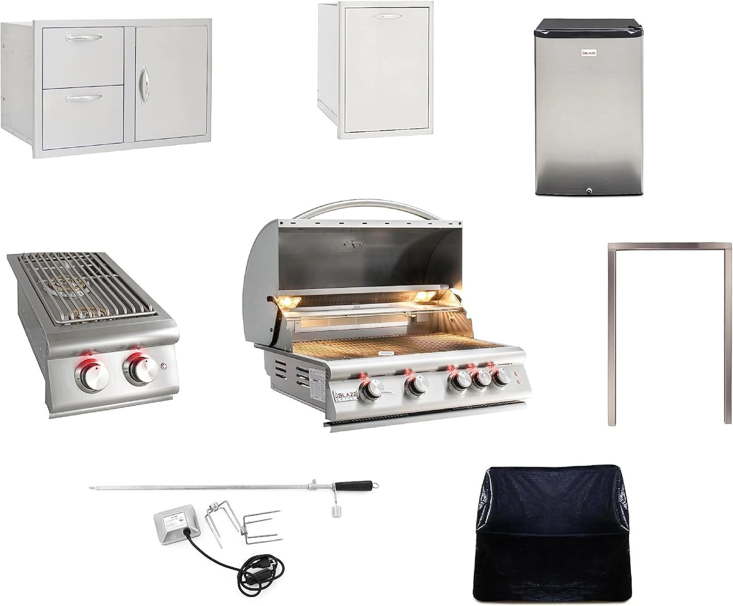 BLAZE BBQ Outdoor Package of 32” LTE Built-in Gas Grill, Gas Dop-In Single Side Burner, 32” Door & Two Drawers Combo, 18” Roll Out Propane Tank/Trash Storage Drawer, 24” Refrigerator, and Accessories