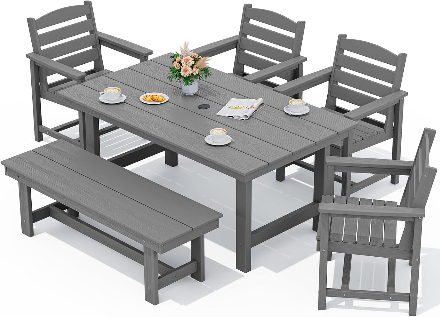 SERWALL 7-Piece Patio Dining Table Sets, Outdoor HDPE Dining Furniture Set with Umbrella Hole Cut-Out Table and 6 Chairs, White