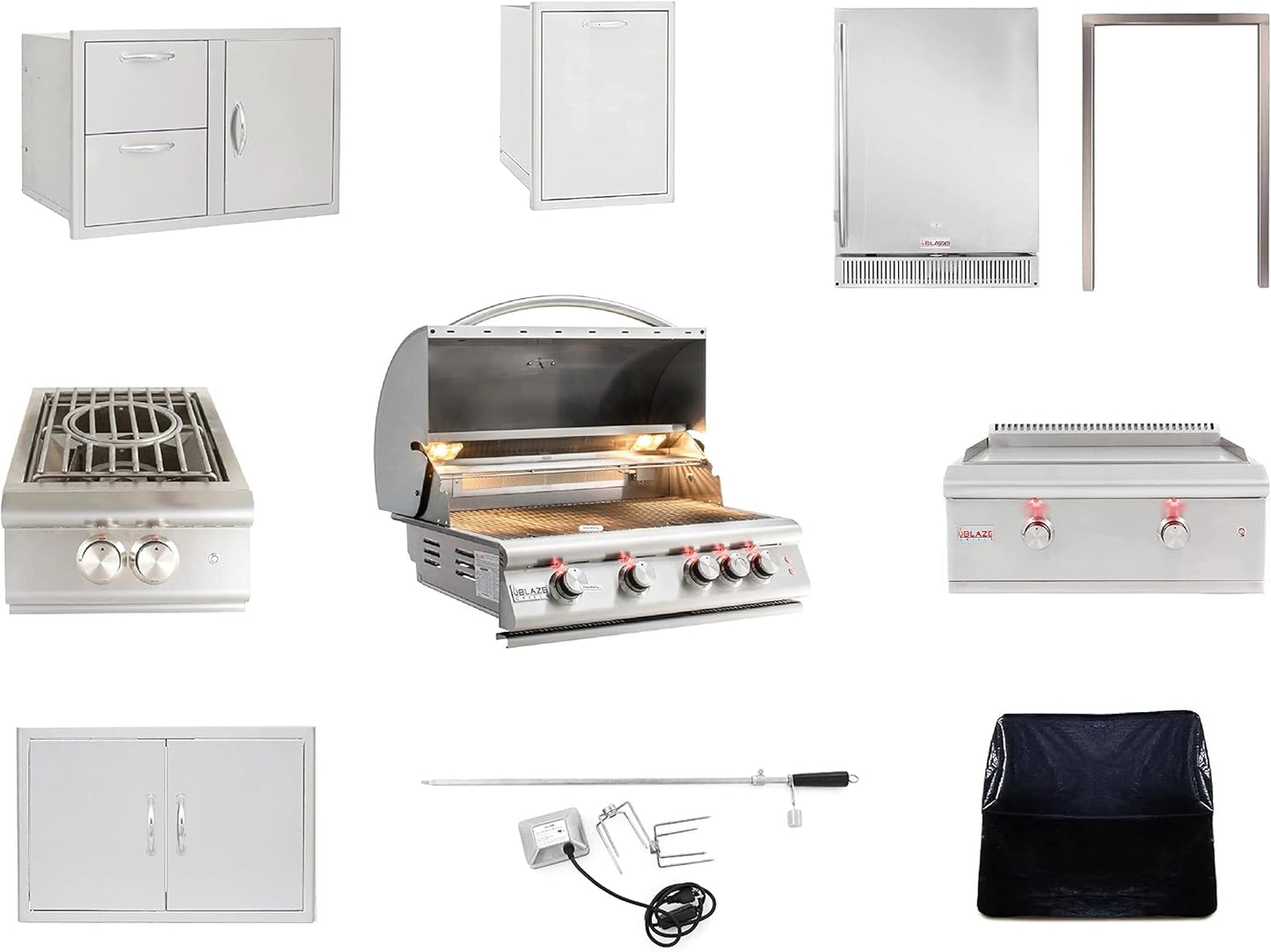 BLAZE BBQ Outdoor Package of 32” LTE Built-in Gas Grill, Gas Dop-In Single Side Burner, 32” Door & Two Drawers Combo, 18” Roll Out Propane Tank/Trash Storage Drawer, 24” Refrigerator, and Accessories