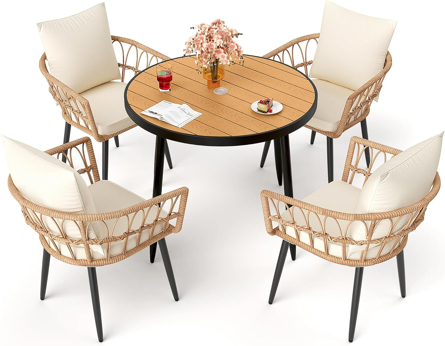 Pamapic 5-Pieces Patio Dining Set with Wood Table Top, All-Weather PE Rattan Patio Furniture Set, Outdoor Dining Furniture with Removable Cushion Chairs & Round Table for Garden Lawn Patio,Cream