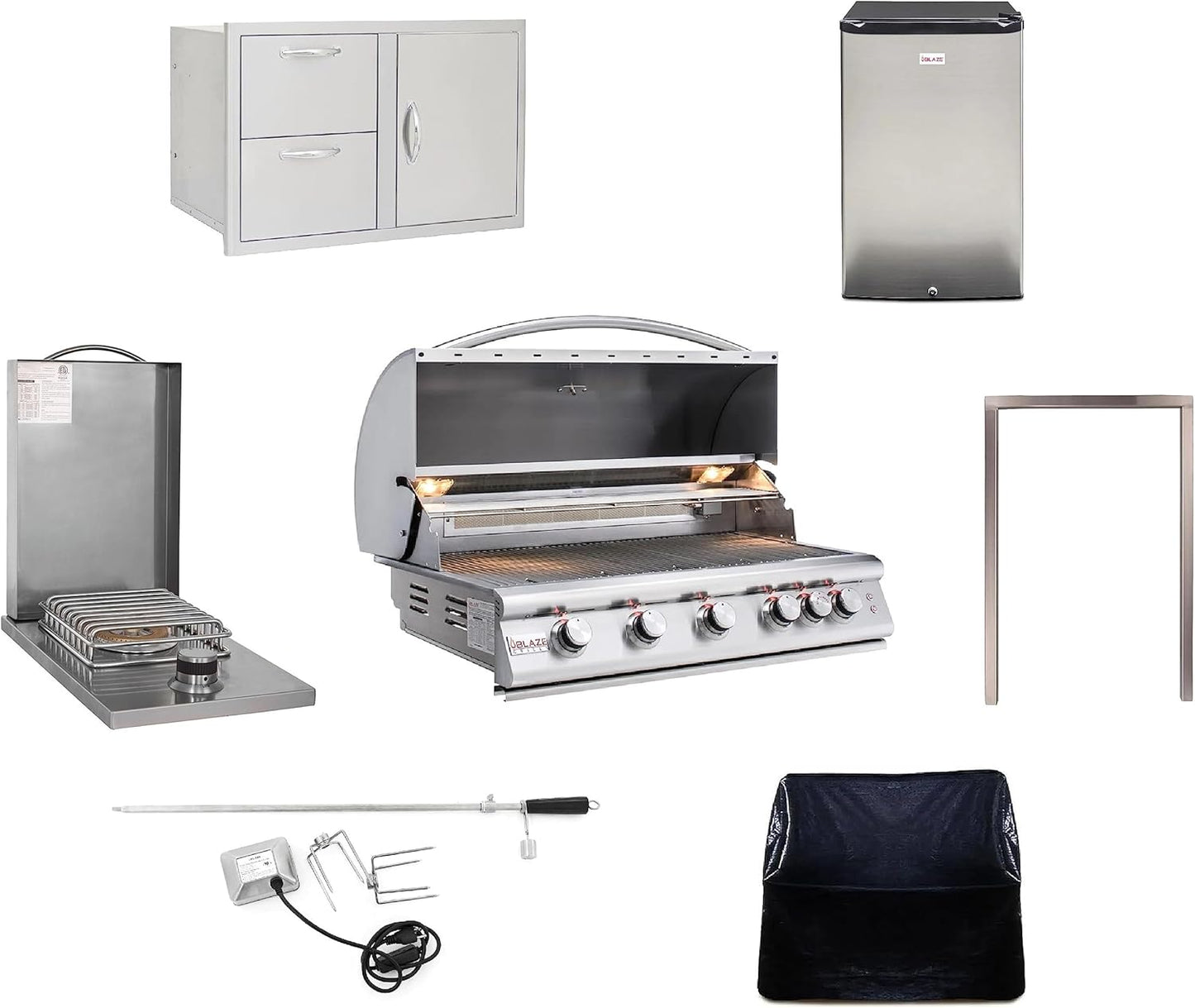 BLAZE BBQ Outdoor Package of 32” LTE Built-in Gas Grill, Gas Dop-In Single Side Burner, 32” Door & Two Drawers Combo, 18” Roll Out Propane Tank/Trash Storage Drawer, 24” Refrigerator, and Accessories