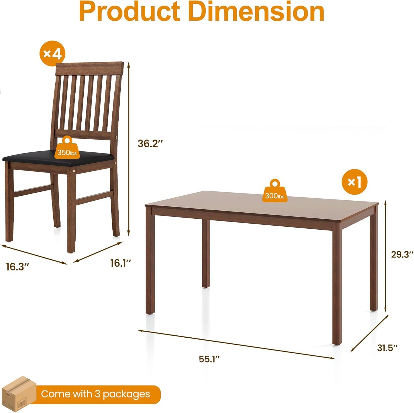 Dining Table Set for 6, Solid Wood Set, Farmhouse Rectangular Kitchen Table and 6 Chairs, 7-Piece Dinette Table Set for Dining Room, Living Room, Home Office, Terrace, Courtyard, Brown