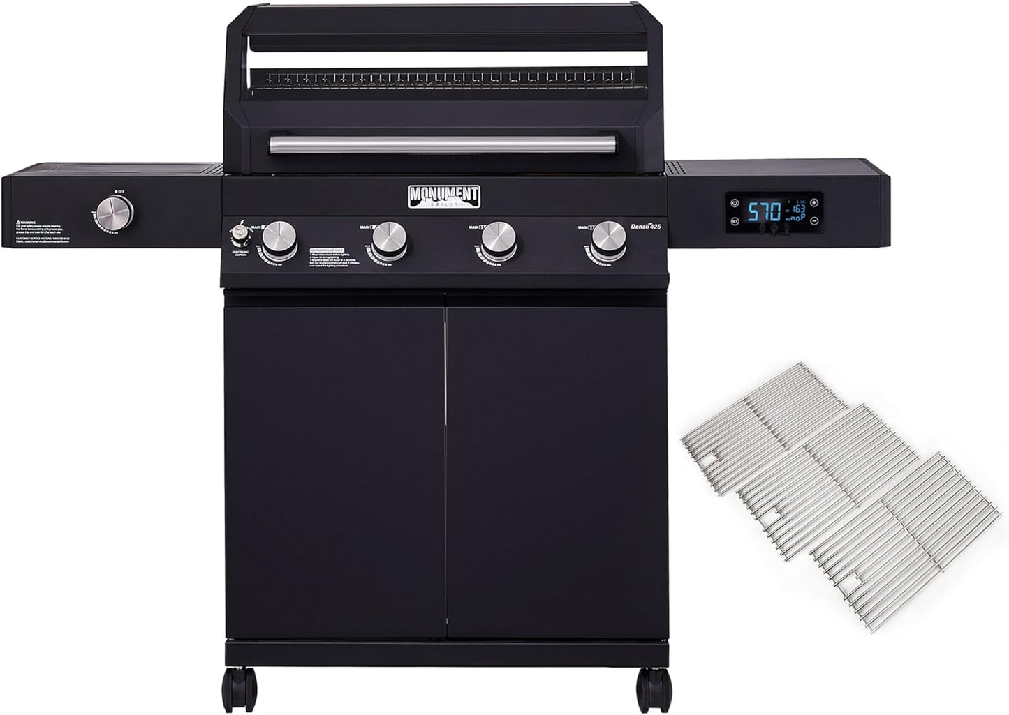 Monument Grills Denali D405 4-Burner Liquid Propane Gas Smart BBQ Grill Stainless Steel with Barbecue Tool Set - Spatula & Tongs (2 items)