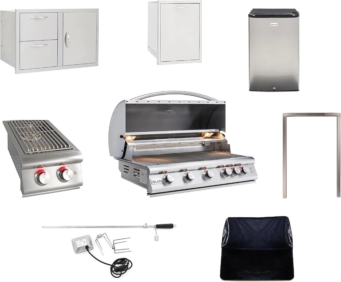 BLAZE BBQ Outdoor Package of 32” LTE Built-in Gas Grill, Gas Dop-In Single Side Burner, 32” Door & Two Drawers Combo, 18” Roll Out Propane Tank/Trash Storage Drawer, 24” Refrigerator, and Accessories