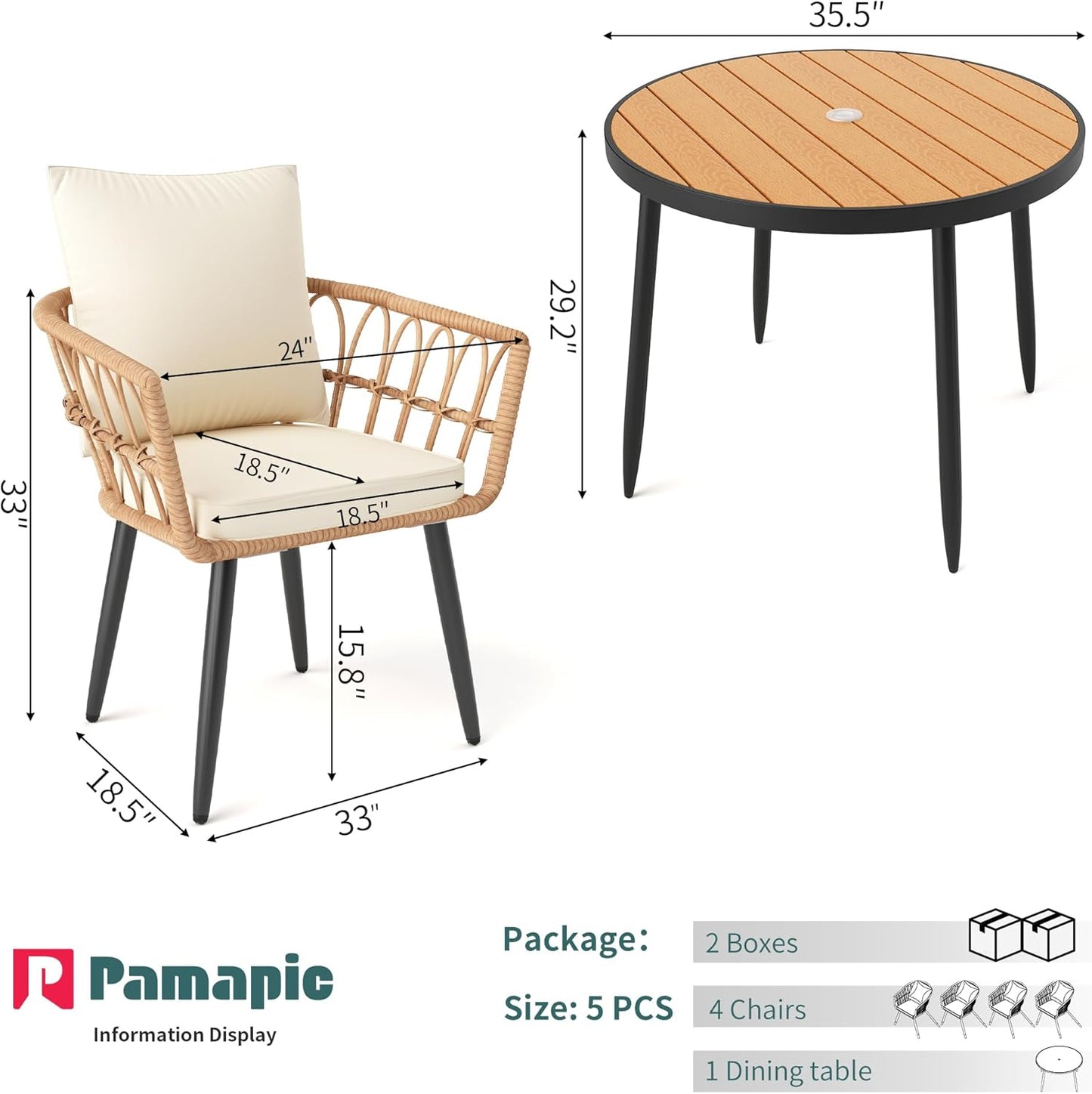 Pamapic 5-Pieces Patio Dining Set with Wood Table Top, All-Weather PE Rattan Patio Furniture Set, Outdoor Dining Furniture with Removable Cushion Chairs & Round Table for Garden Lawn Patio,Cream