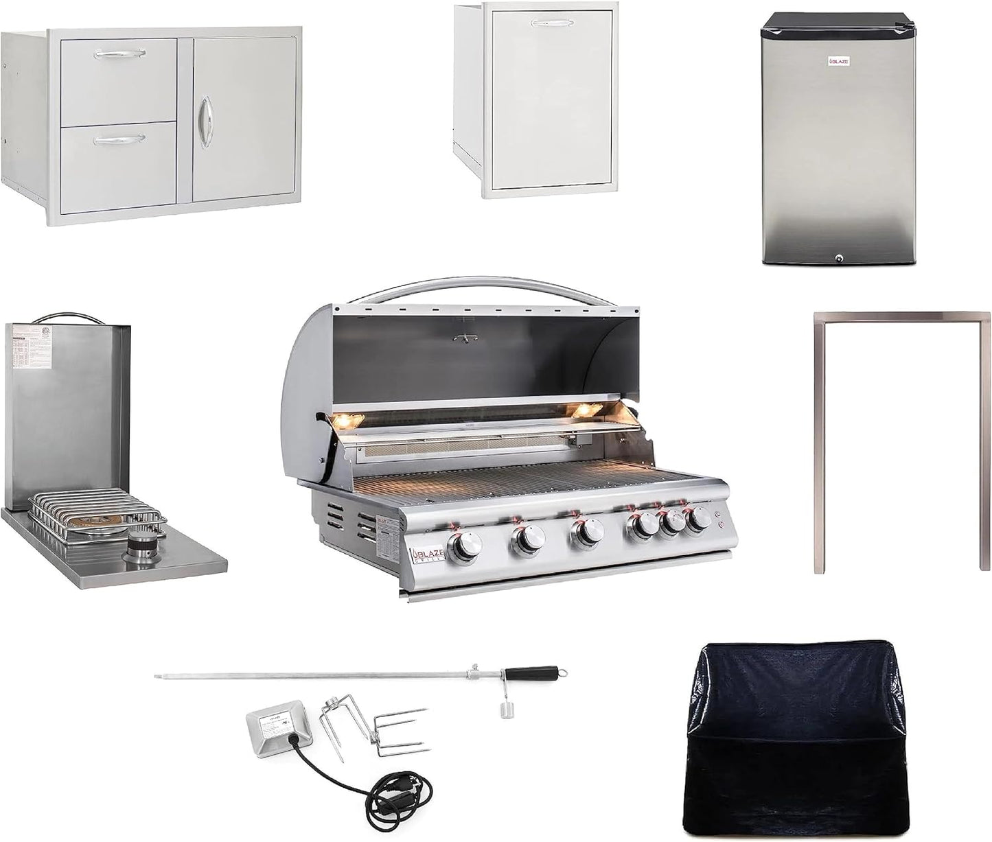 BLAZE BBQ Outdoor Package of 32” LTE Built-in Gas Grill, Gas Dop-In Single Side Burner, 32” Door & Two Drawers Combo, 18” Roll Out Propane Tank/Trash Storage Drawer, 24” Refrigerator, and Accessories