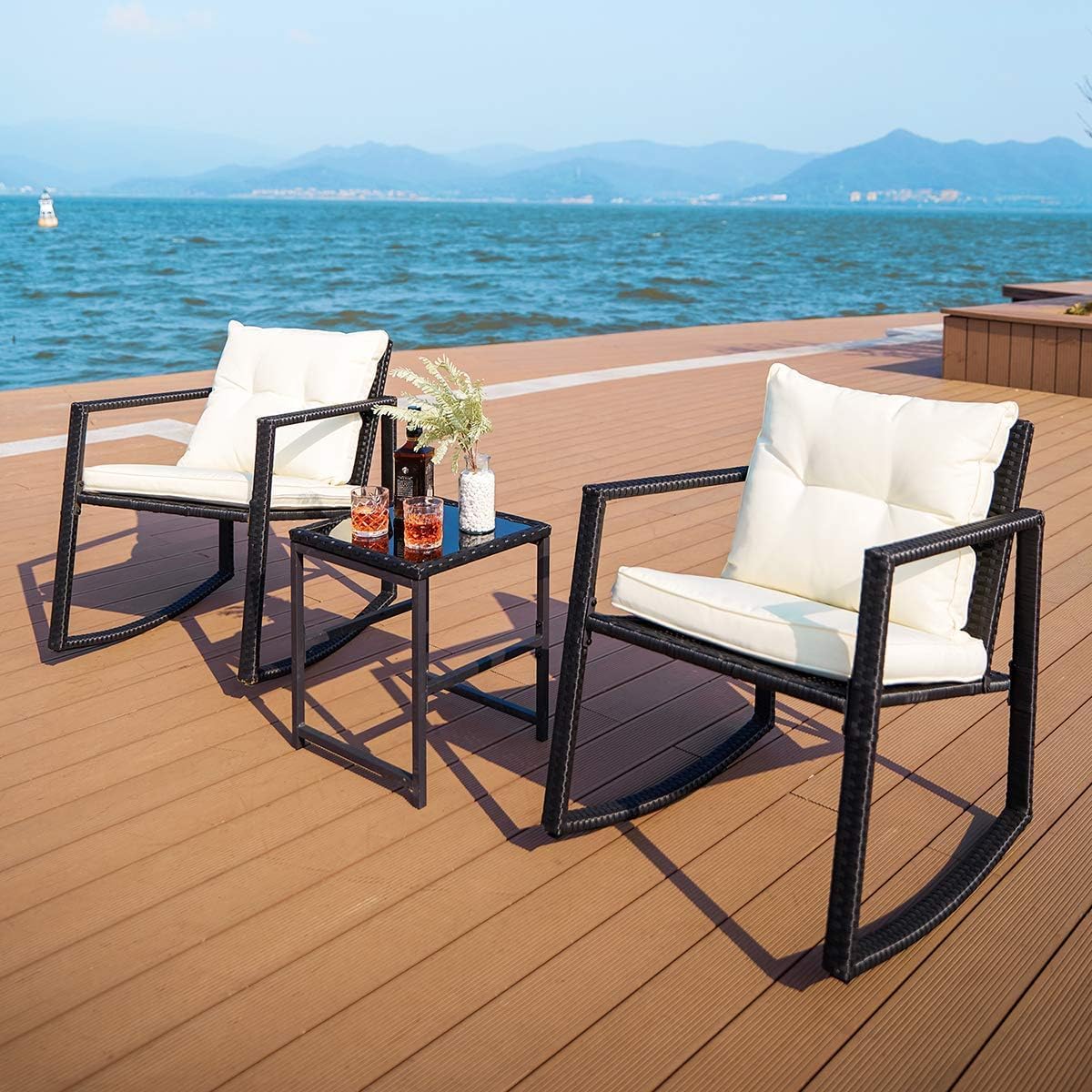 Pamapic 5-Pieces Patio Dining Set with Wood Table Top, All-Weather PE Rattan Patio Furniture Set, Outdoor Dining Furniture with Removable Cushion Chairs & Round Table for Garden Lawn Patio,Cream