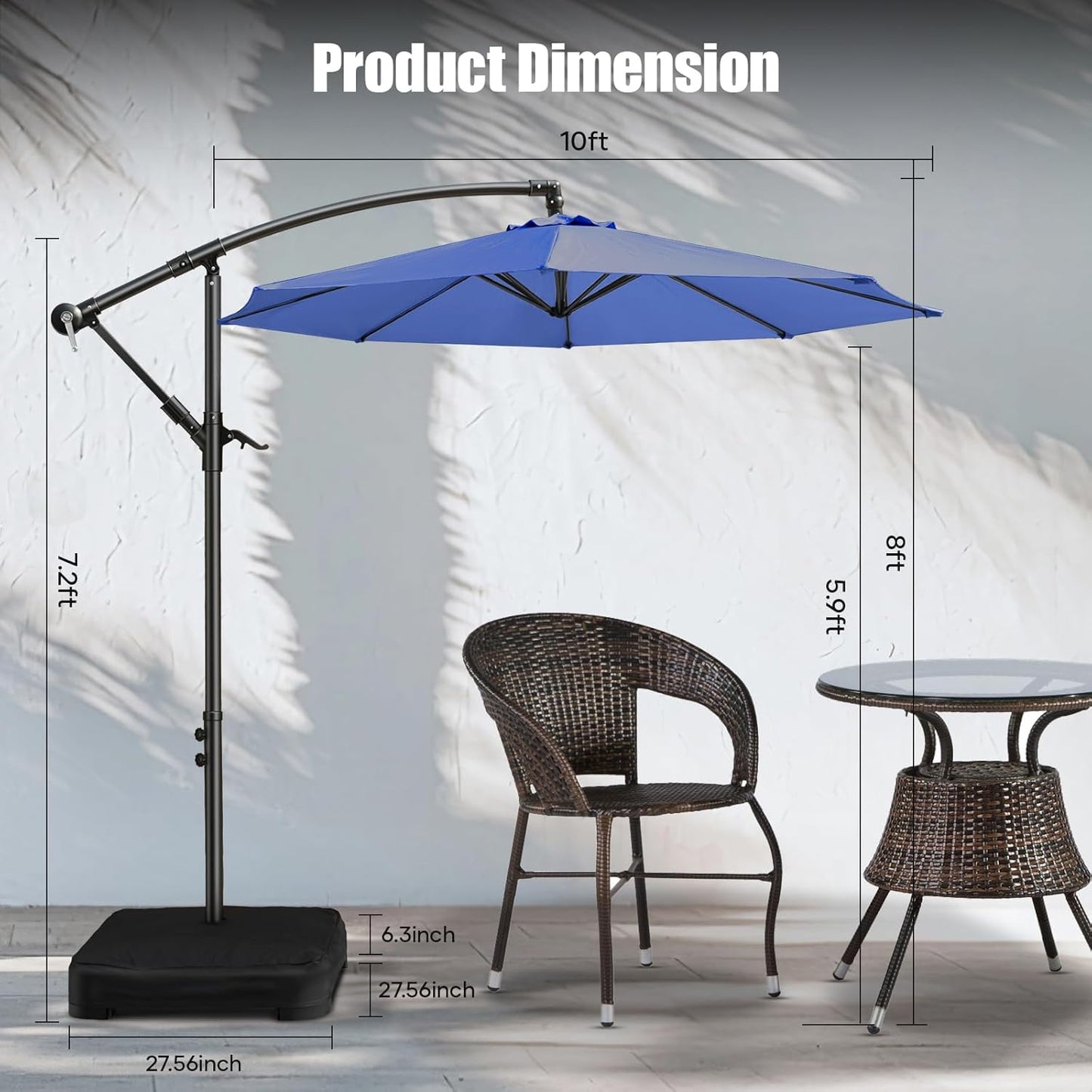 10ft Offset Patio Umbrella with Base Included, Hanging Cantilever Patio Outdoor Market Umbrella UPF50+ UV Protection with Easy Tilt and Crank, 8 Ribs Umbrella for Patio Pool Garden Deck