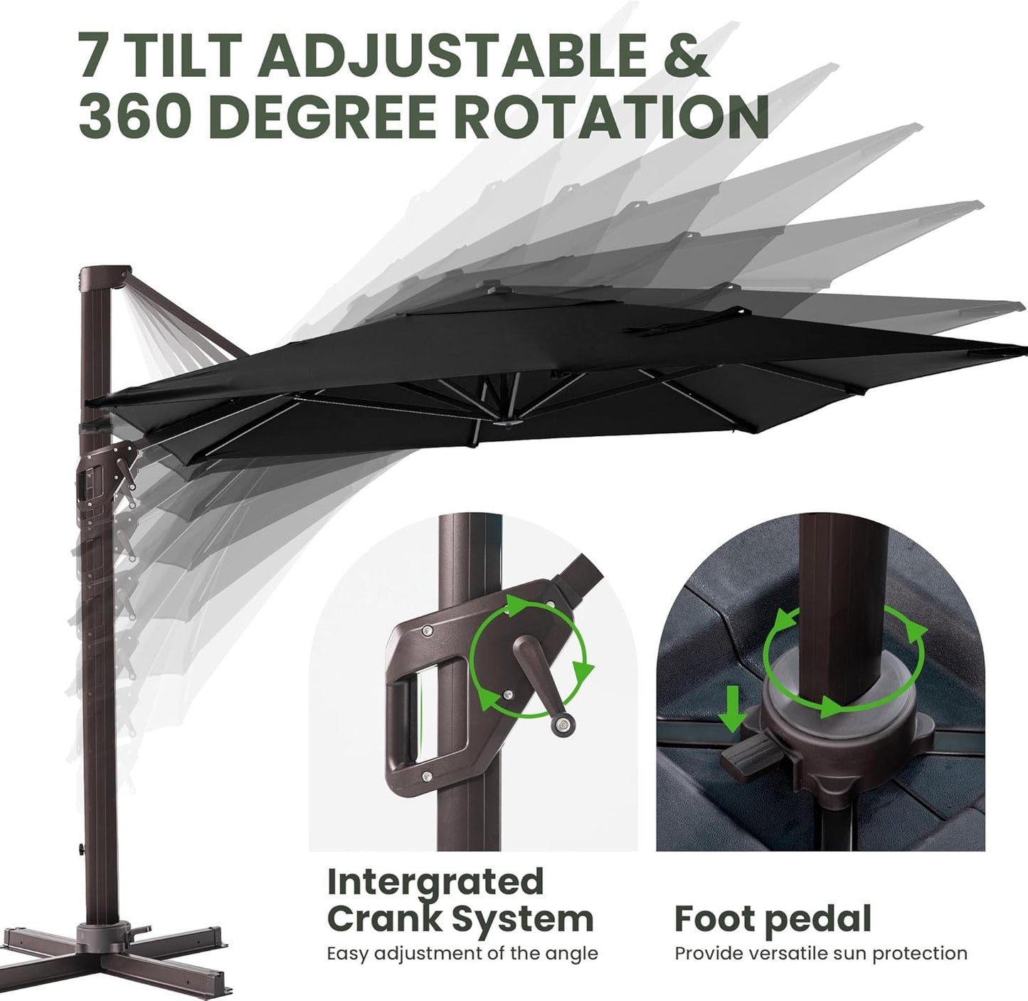 9' X 12' Cantilever Patio Umbrella Rectangular Outdoor Large Offset Umbrellas with 7 Tilts Adjustable 360°Rotation for Deck Pool Garden Backyard, Black