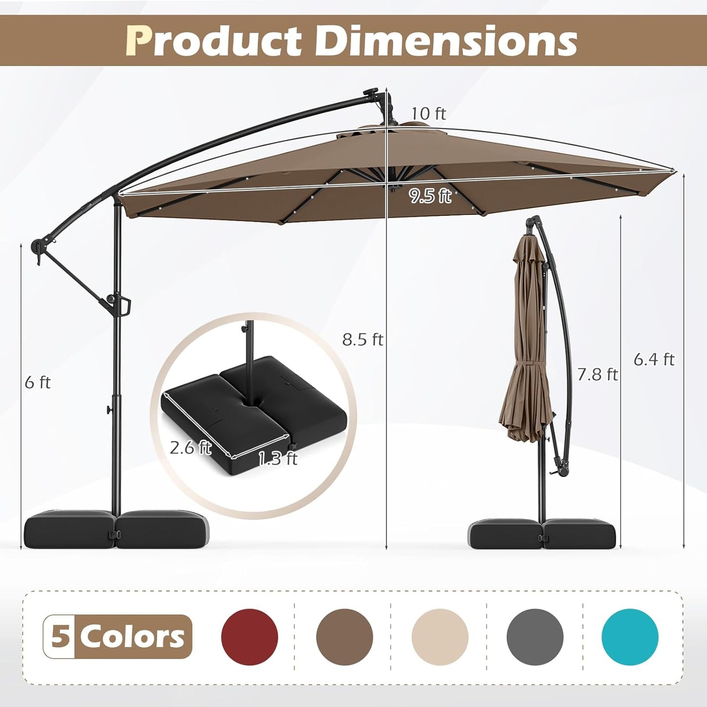 Tangkula 10ft Solar LED Patio Umbrella with Base, Offset Cantilever Outdoor Umbrella with 32 LED Lights, Infinite Tilt, 360 Degree Rotation, Crank Handle for Pool Deck Garden Backyard (Tan)