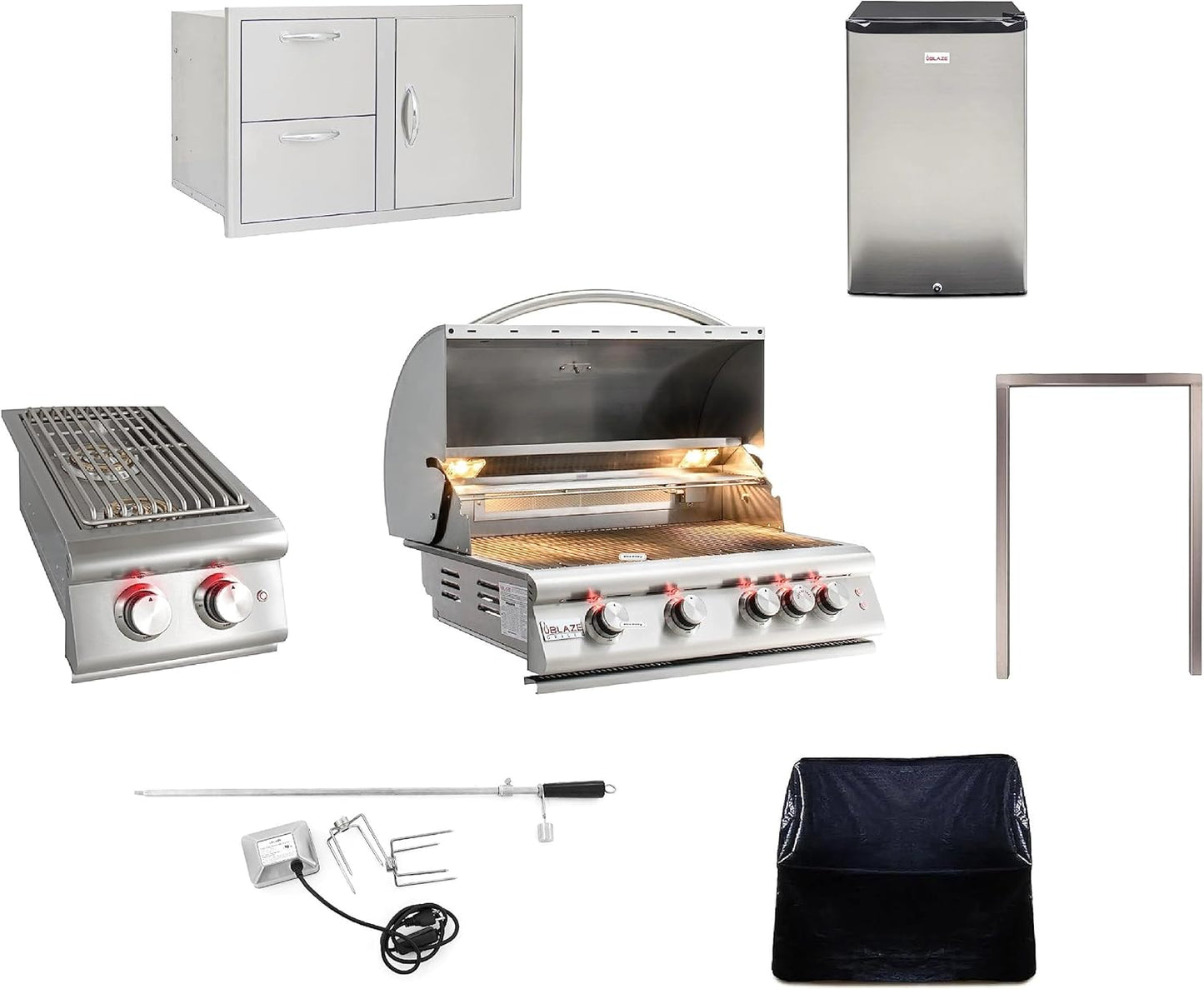 BLAZE BBQ Outdoor Package of 32” LTE Built-in Gas Grill, Gas Dop-In Single Side Burner, 32” Door & Two Drawers Combo, 18” Roll Out Propane Tank/Trash Storage Drawer, 24” Refrigerator, and Accessories