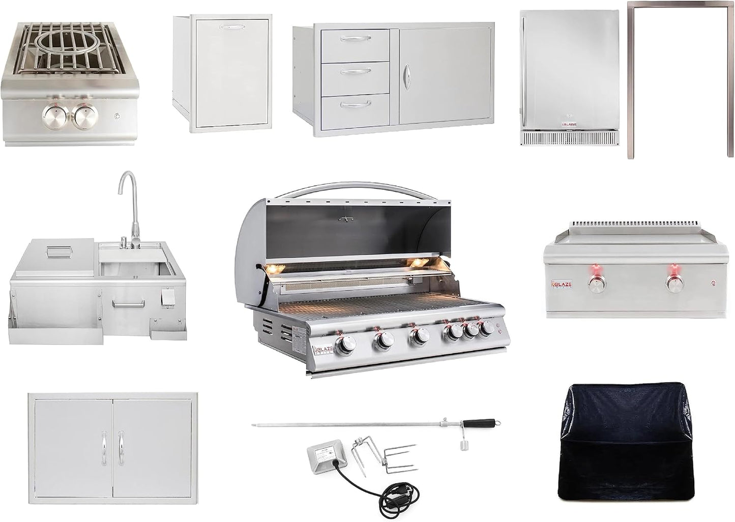 BLAZE BBQ Outdoor Package of 32” LTE Built-in Gas Grill, Gas Dop-In Single Side Burner, 32” Door & Two Drawers Combo, 18” Roll Out Propane Tank/Trash Storage Drawer, 24” Refrigerator, and Accessories