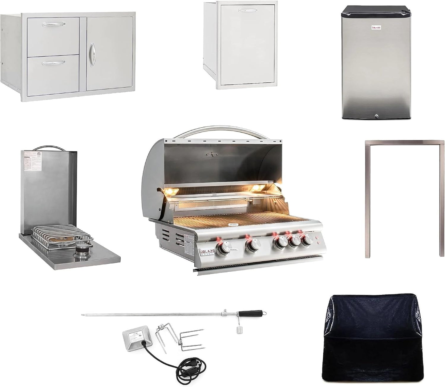 BLAZE BBQ Outdoor Package of 32” LTE Built-in Gas Grill, Gas Dop-In Single Side Burner, 32” Door & Two Drawers Combo, 18” Roll Out Propane Tank/Trash Storage Drawer, 24” Refrigerator, and Accessories