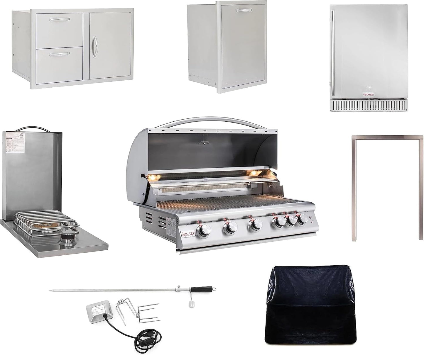 BLAZE BBQ Outdoor Package of 32” LTE Built-in Gas Grill, Gas Dop-In Single Side Burner, 32” Door & Two Drawers Combo, 18” Roll Out Propane Tank/Trash Storage Drawer, 24” Refrigerator, and Accessories