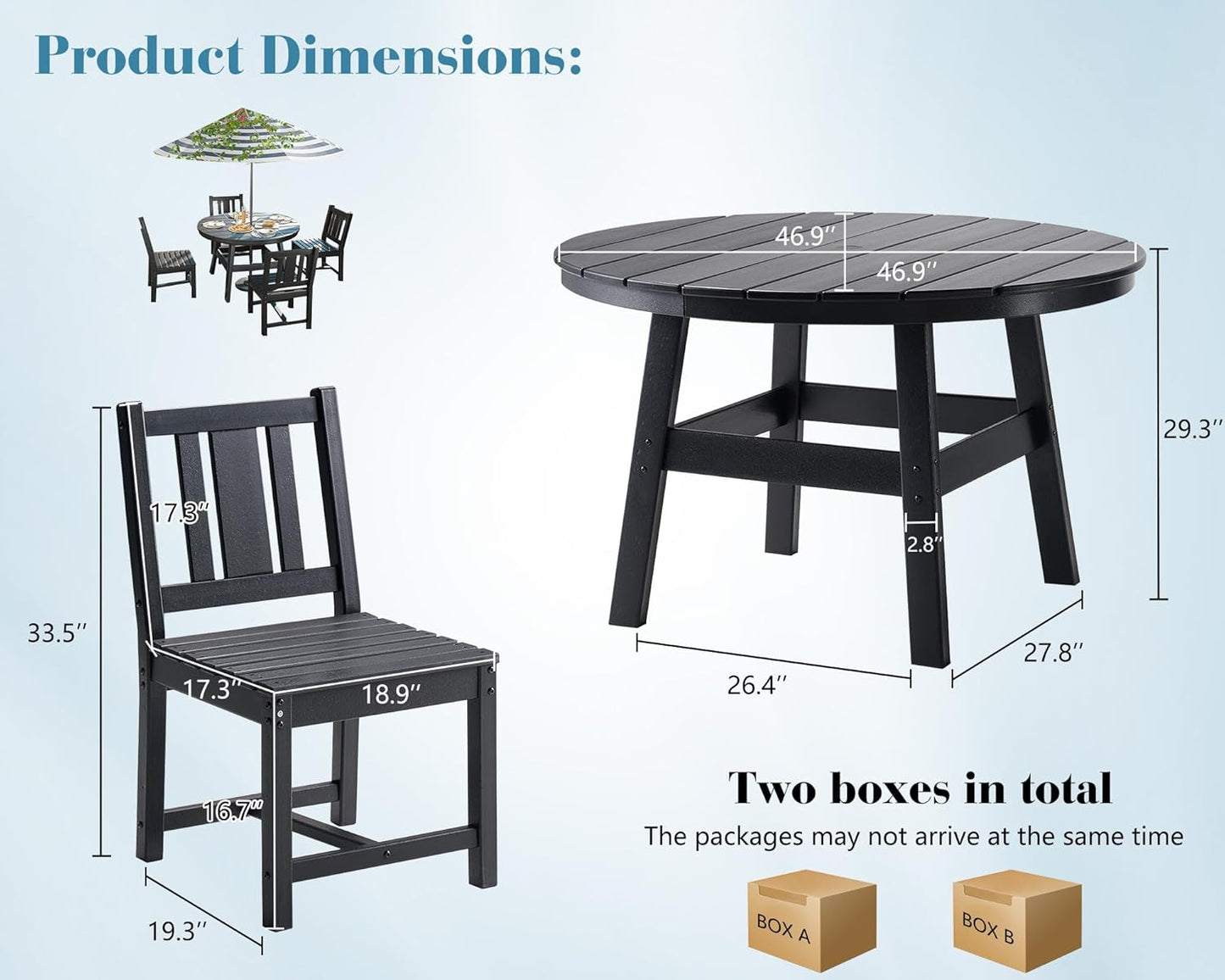 AMERLIFE 5 Piece HDPE Outdoor Dining Tables and Chairs, All-Weather Patio Outdoor Furniture with Umbrella Hole, Round Table for Garden, Backyard, Seaside, Black