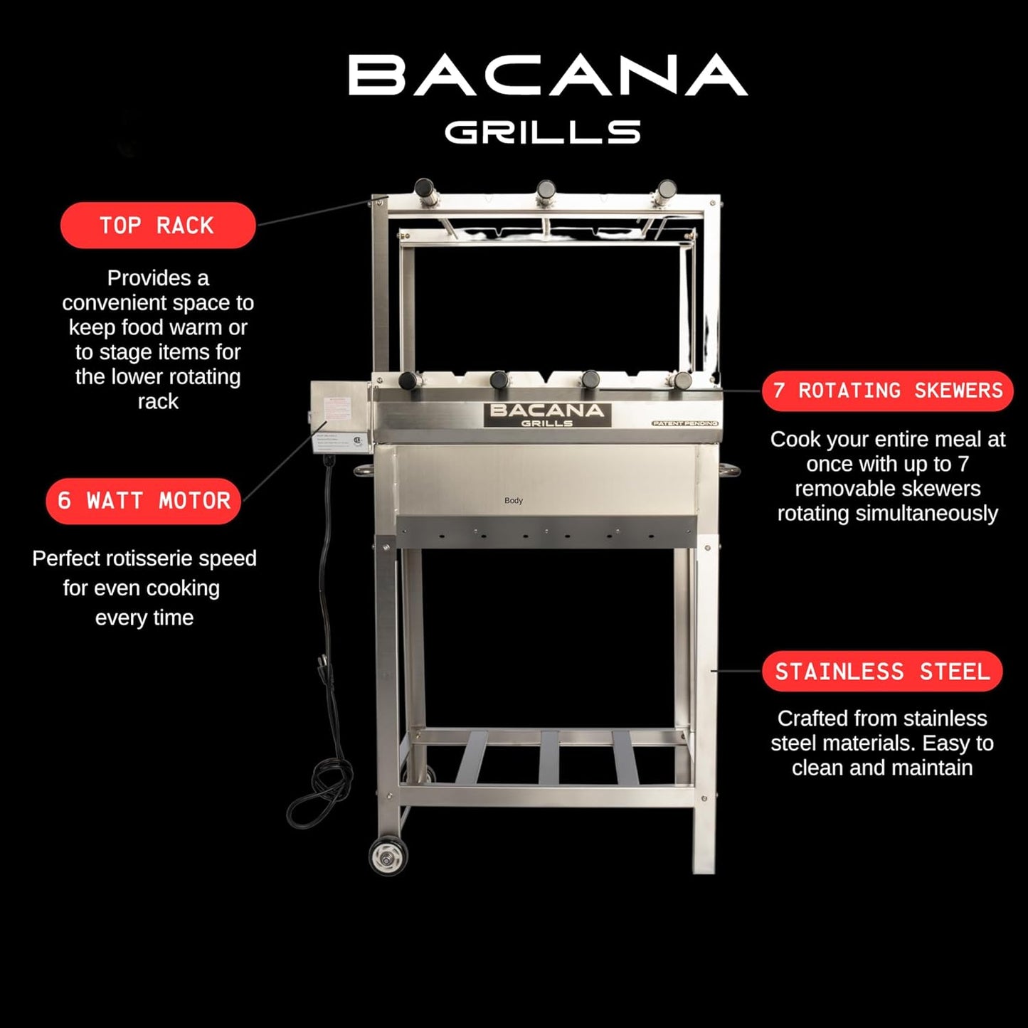 All-in-One Brazilian BBQ Grill - 7 skewers - Churrasco - Multi Rotisserie - Stainless Steel - Portable Wood Fire & Charcoal Gaucho Churrasqueira Chicken Grill