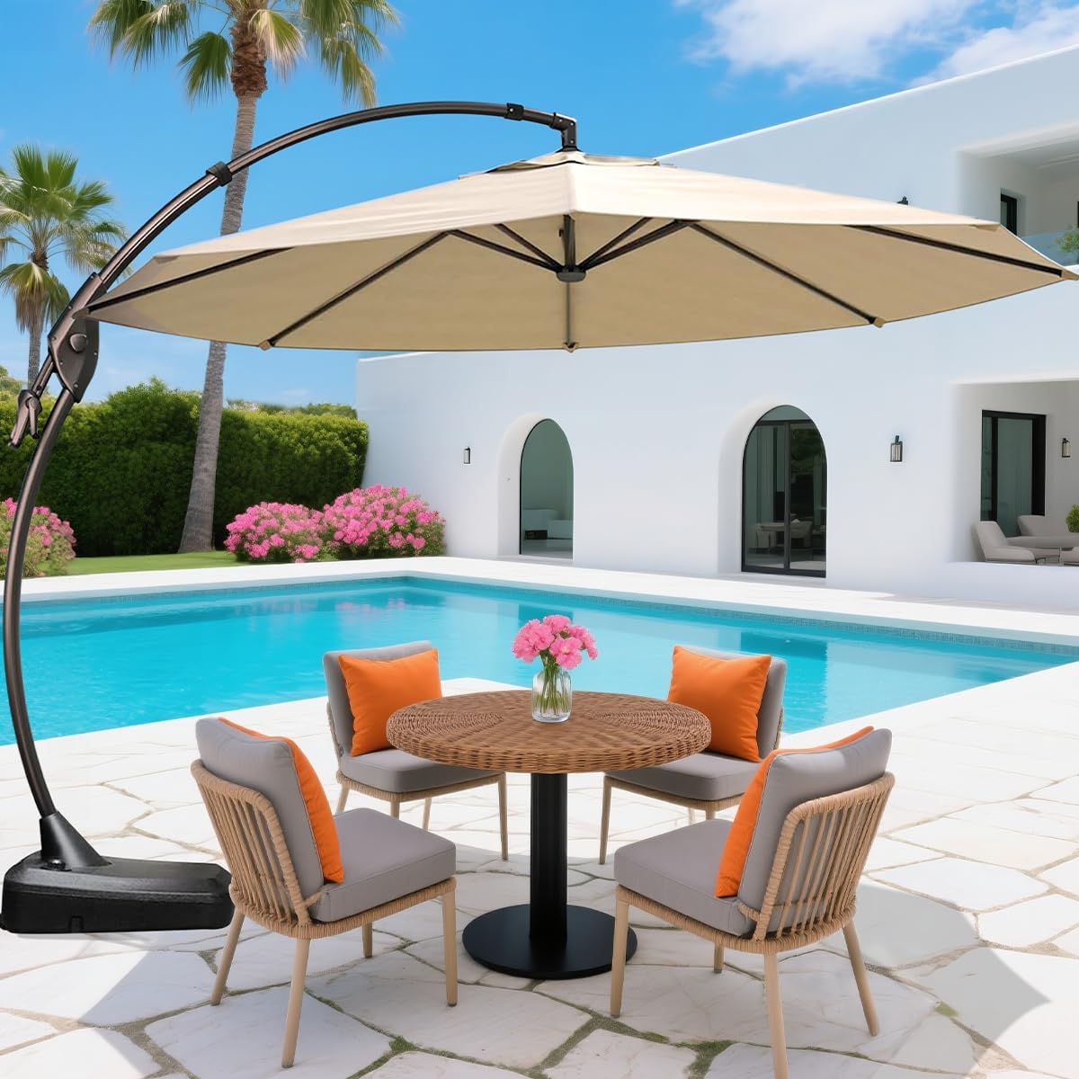10ft Patio Umbrella with Base Included, Outdoor Offset Cantilever Umbrella w/Upgraded Yarn-dyed Fabric Shade, Sturdy 8 Rids, Easy Tilt Adjustment, for Pool Deck Porch Backyard Garden,Navy Blue