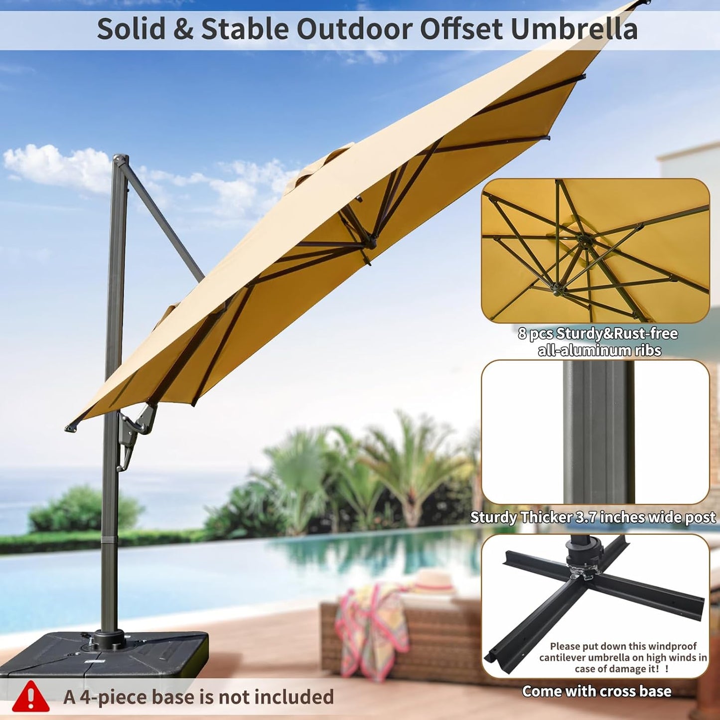 Large 10' X 10' Cantilever Patio Umbrella, 360°Rotation,Large Rectangular Cantilever Patio Umbrellas, Heavy Duty Aluminum Off-Set Patio Umbrella,3 Year Fade Resistant Easy Tilt Sunshade for Deck Patio Pool