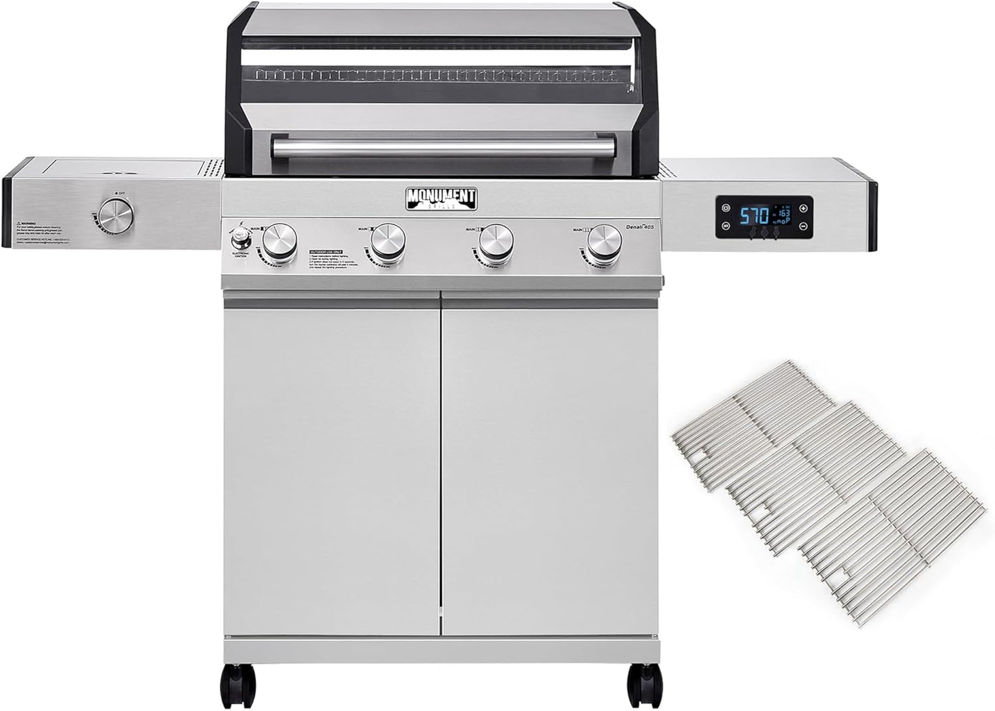 Monument Grills Denali D405 4-Burner Liquid Propane Gas Smart BBQ Grill Stainless Steel with Barbecue Tool Set - Spatula & Tongs (2 items)