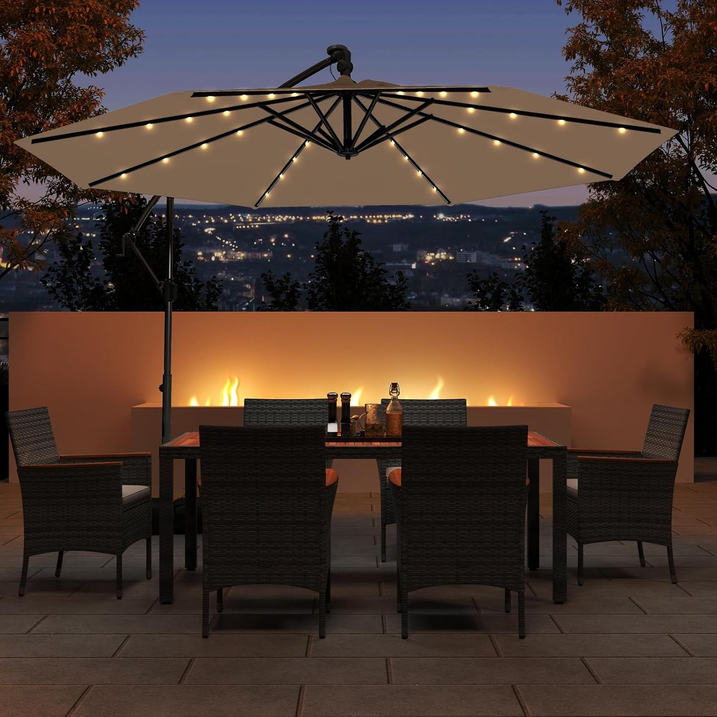 Tangkula 10ft Solar LED Patio Umbrella with Base, Offset Cantilever Outdoor Umbrella with 32 LED Lights, Infinite Tilt, 360 Degree Rotation, Crank Handle for Pool Deck Garden Backyard (Tan)