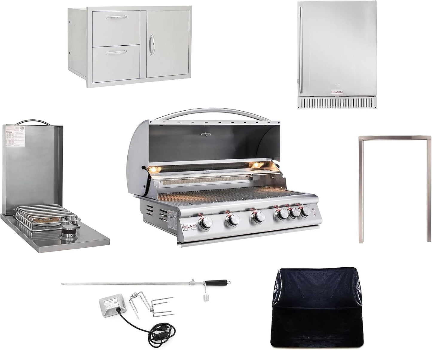 BLAZE BBQ Outdoor Package of 32” LTE Built-in Gas Grill, Gas Dop-In Single Side Burner, 32” Door & Two Drawers Combo, 18” Roll Out Propane Tank/Trash Storage Drawer, 24” Refrigerator, and Accessories