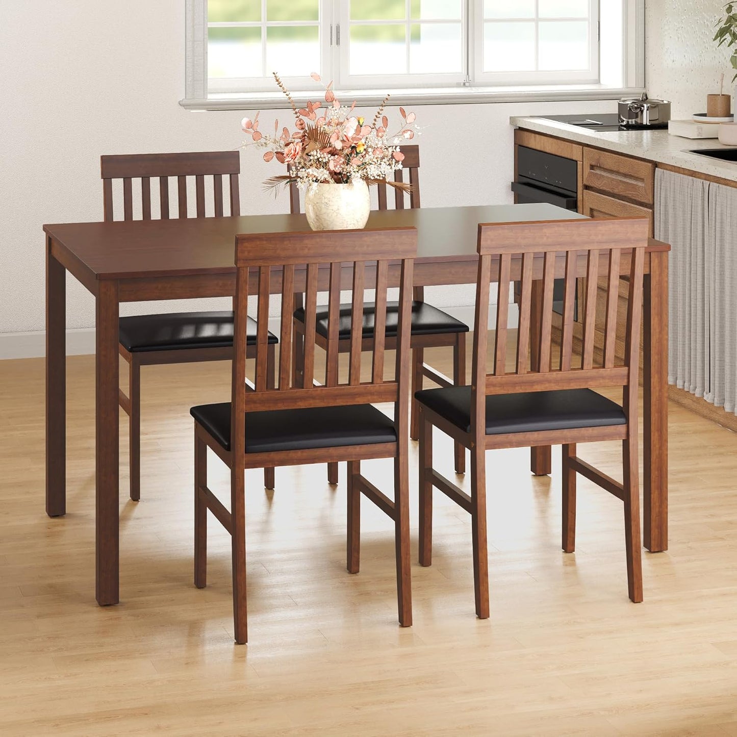 RoyalCraft Solid Wood Dining Set for 4, Kitchen Room Table Set with 4 Chairs, Modern Dinette Table Set for Dining Room, Living Room, Home Office, Terrace, Courtyard, 300LBS & 350LBS Capacity, Brown