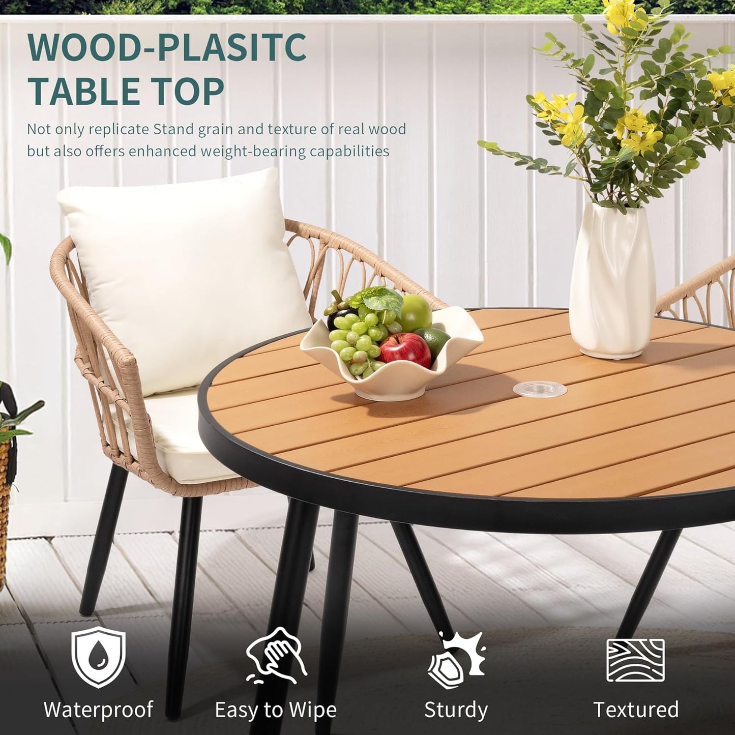 Pamapic 5-Pieces Patio Dining Set with Wood Table Top, All-Weather PE Rattan Patio Furniture Set, Outdoor Dining Furniture with Removable Cushion Chairs & Round Table for Garden Lawn Patio,Cream